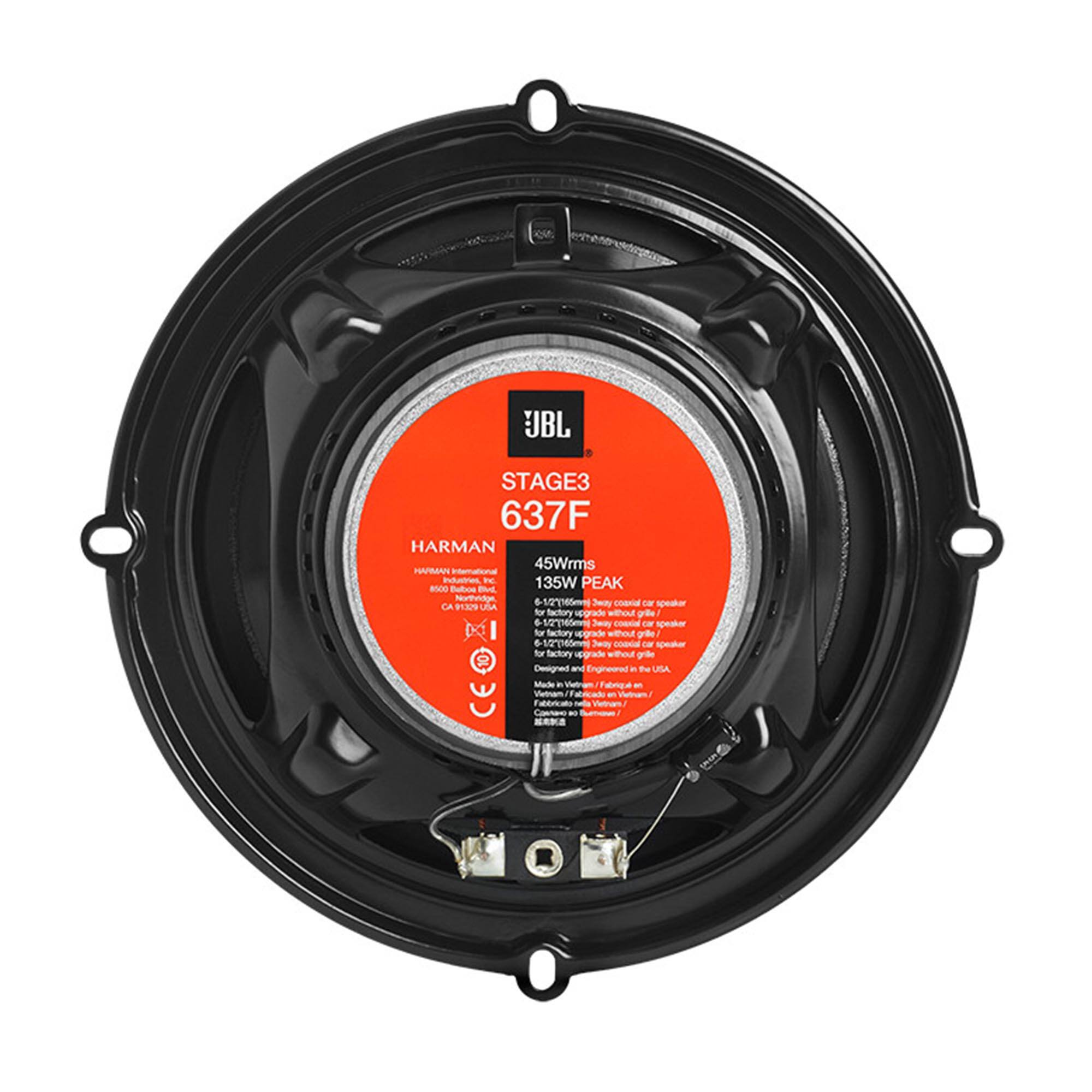 JBL STAGE3 637F HARMAN  
45W rms  
135W PEAK  
85dB  
Balanced - Notode 6-501165mm  
CA uA Series cord  
spaor P37 for factory upgrade without grille  
1.11 Series cone  
speaer I fr factory upgrade without grille  
1.621160mm  
Sei boal - seae for factory upgrade ated grille  
Designed and Engineered in the USA  
Made in Vietnam  
A Falmg a - Vietam a  
CE eo  
Fabricato - Vtrans -