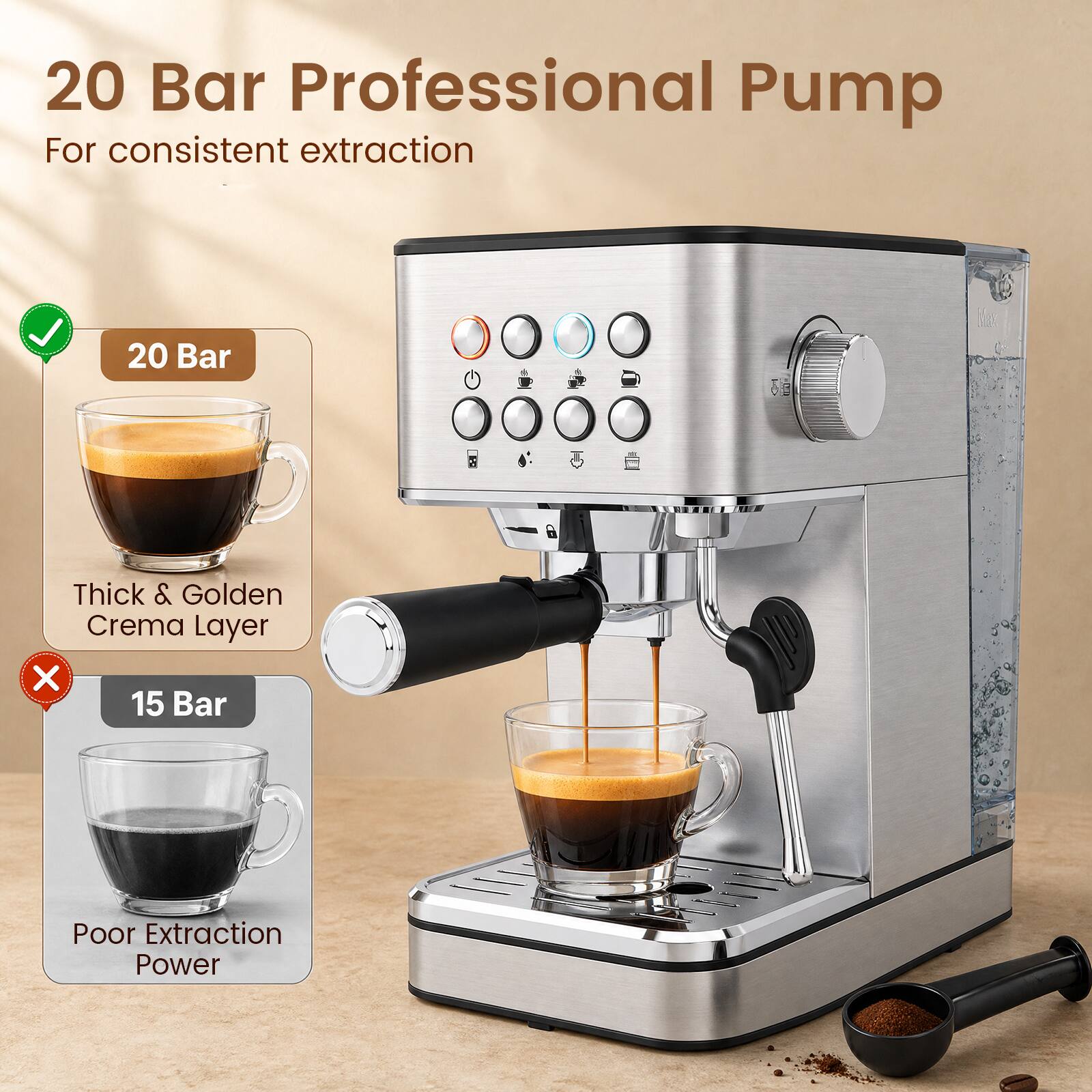 20 Bar Professional Pump For consistent extraction

20 Bar
Thick & Golden Crema Layer

15 Bar
Poor Extraction Power