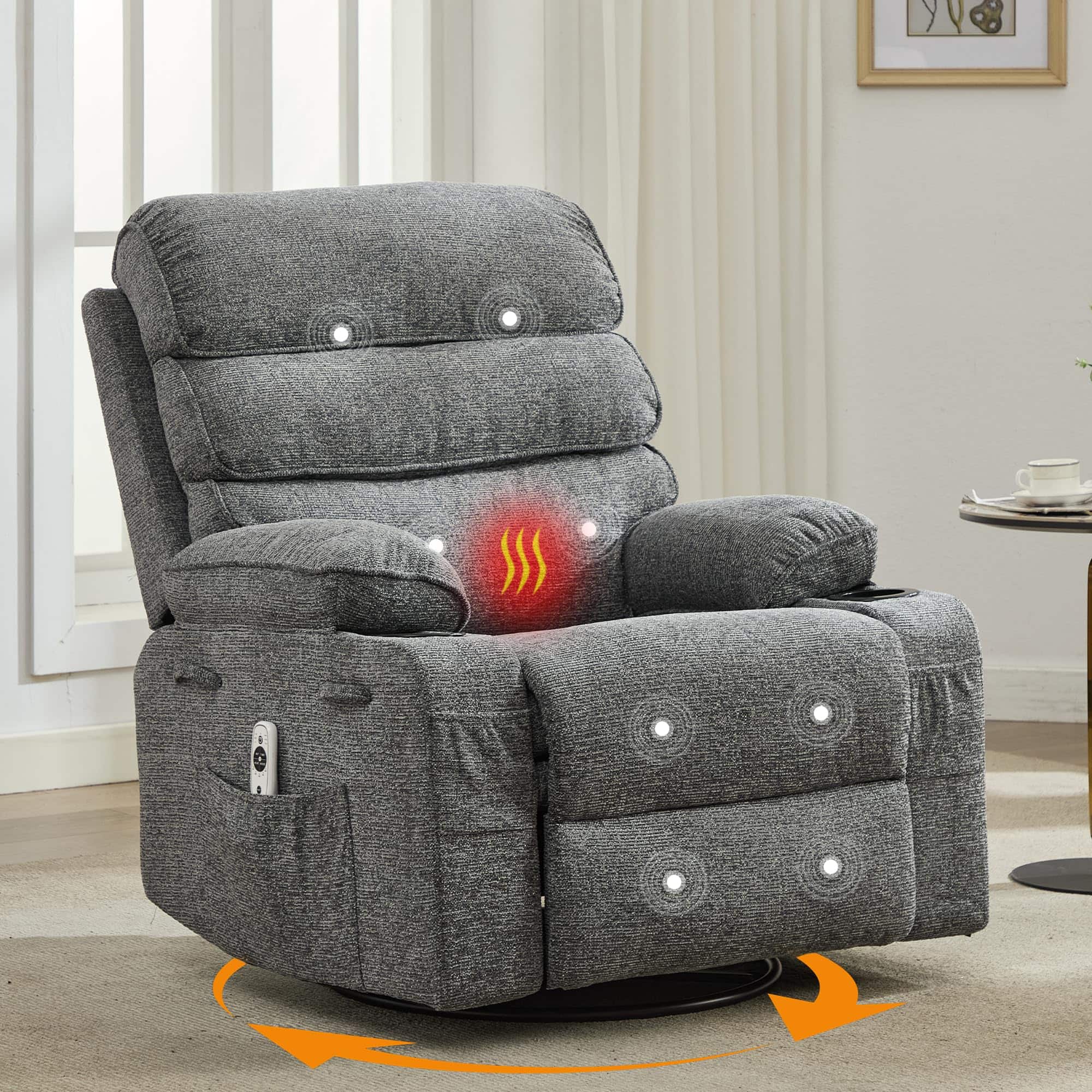Acekool - Mamual Recliner with Massage and Heat, 360° Swivel Linen Recliner Chair with Cup Holders & Side Pocket for Adults - Gray