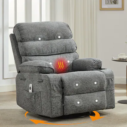 Front. Acekool - Mamual Recliner with Massage and Heat, 360° Swivel Linen Recliner Chair with Cup Holders & Side Pocket for Adults - Gray.