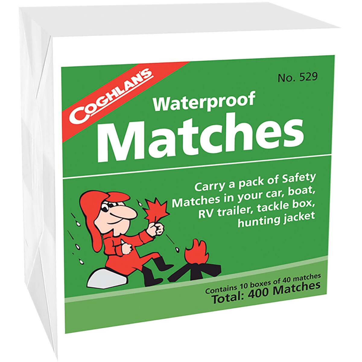 No. 529 COGHLAN'S Waterproof Matches  
Carry a pack of Safety Matches in your car, boat, RV trailer, tackle box, hunting jacket  
Contains 10 boxes of 40 matches  
Total: 400 Matches