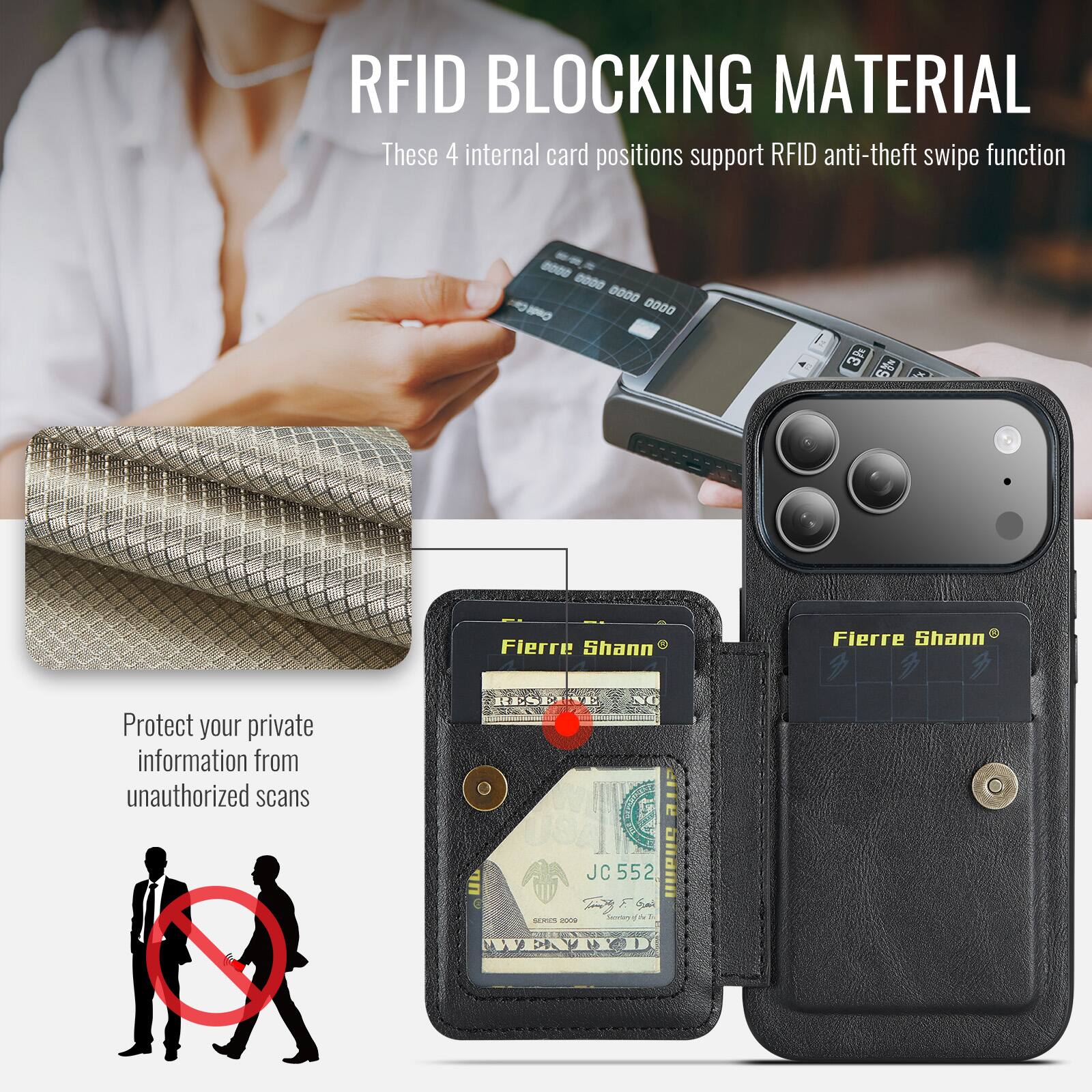 RFID BLOCKING MATERIAL

These 4 internal card positions support RFID anti-theft swipe function

Protect your private information from unauthorized scans

JC 552
