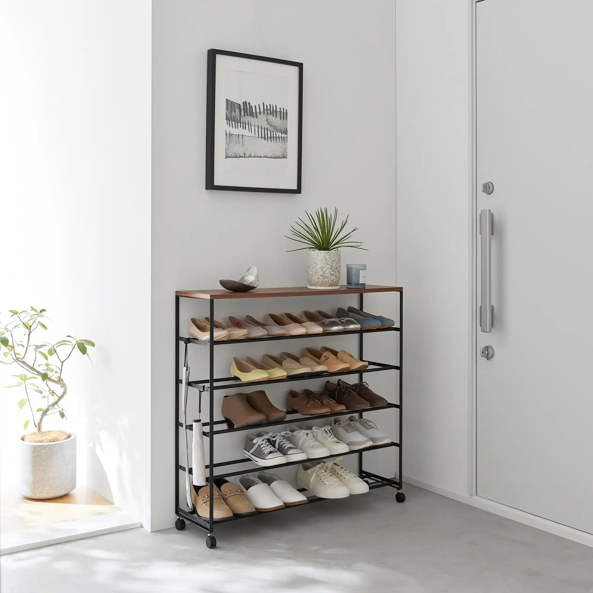 Alt View 8. Yamazaki Home - Rolling Five-Tier Shoe Rack (34.25" H)  - Steel + Wood - Black.