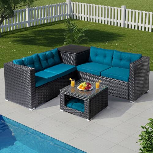 Alt View 10. Winado - 4PCS Patio Rattan Wicker Furniture Sets w/ Glass Top Coffee Table with Pet Ped, Hidden Storage In/Outdoor Garden Balcony - Black & Peacock Green Cushion.