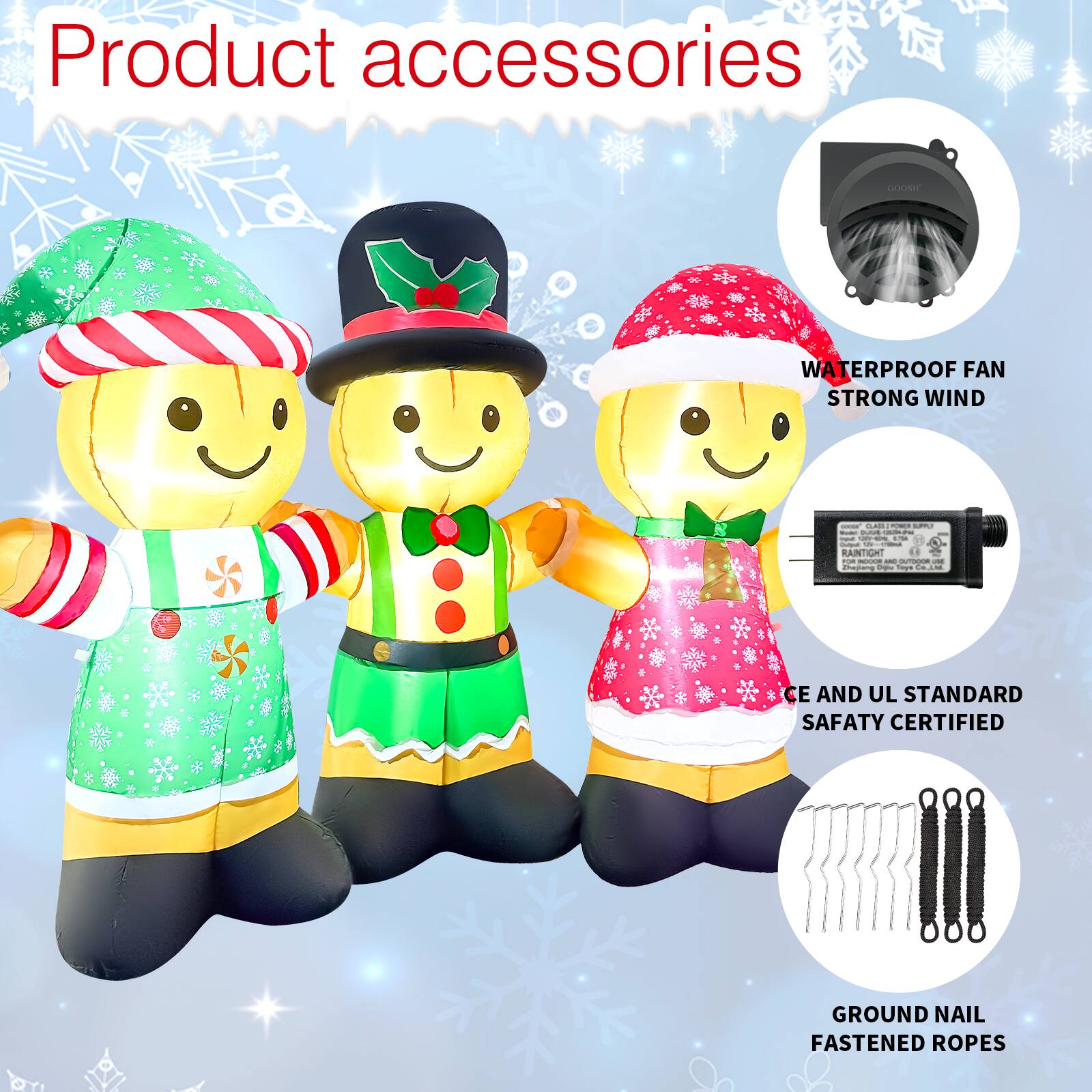 Product accessories

- WATERPROOF FAN STRONG WIND
- RAINTIGHT
- CE AND UL STANDARD SAFETY CERTIFIED
- GROUND NAIL FASTENED ROPES