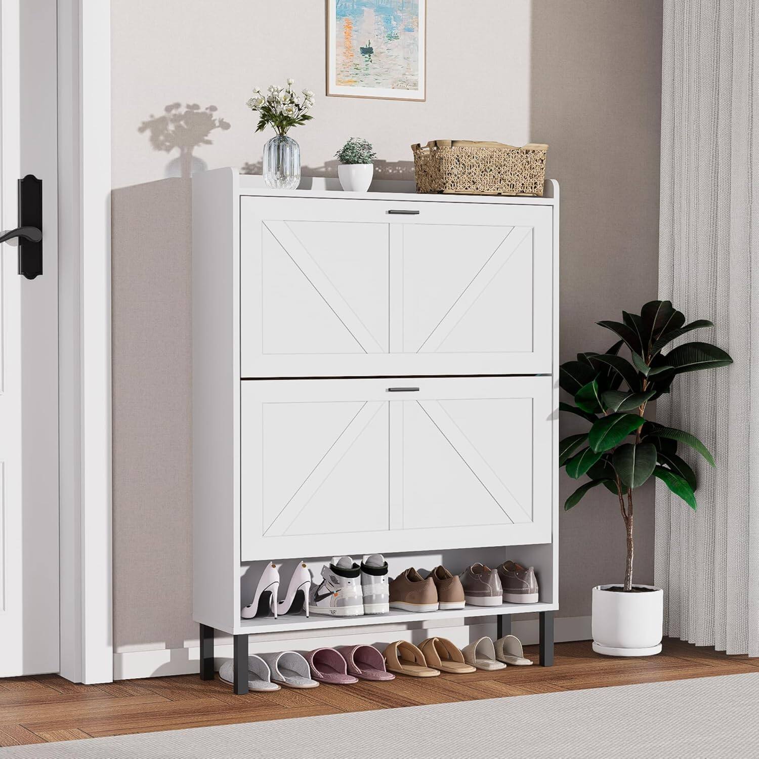 Front. Tiramisubest - Rustic White Shoe Organizer Cabinet,2 Flip Drawers,Wood Shoes Cabinets for Hallway,Space Saving Hidden Door Design,White - White.
