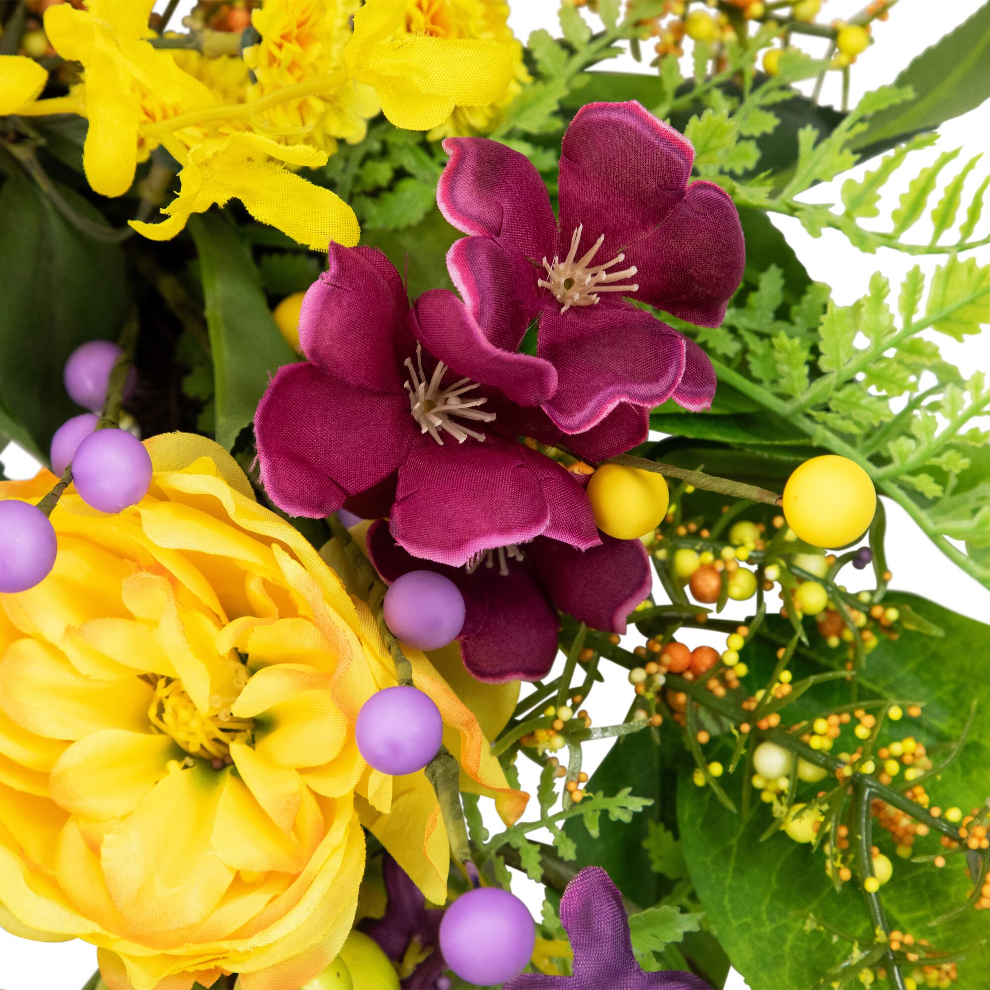 Alt View 4. Northlight - Peonies and Forsythia Spring Wreath - 24" - Yellow and Purple - Yellow.