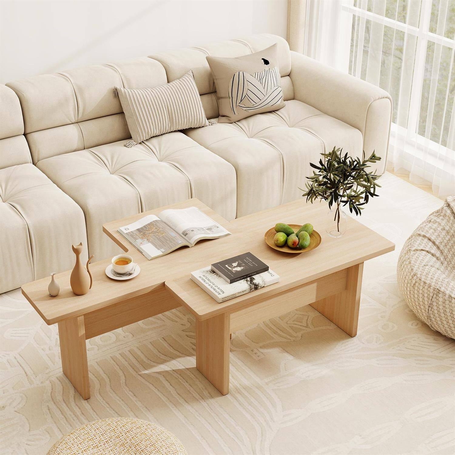 Left. Pefilos - Modular Coffee Table Set (2 Pieces), L-Shaped Reconfigurable Structure, Small Space Optimized, Oak - Brown.