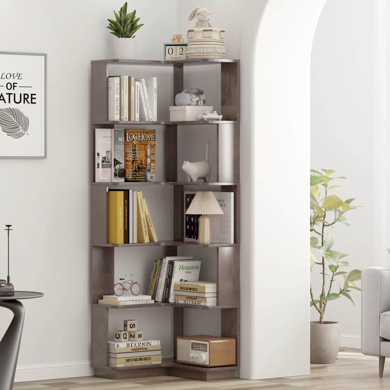 HTUTWOO - 6-Tier L-Shaped Corner Bookshelf, Space-Saving with Anti-Tipping Device for Living Room Bedroom Home Office - Dark brown
