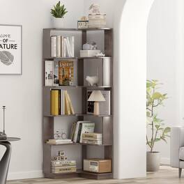 HTUTWOO - 6-Tier L-Shaped Corner Bookshelf, Space-Saving with Anti-Tipping Device for Living Room Bedroom Home Office - Dark brown