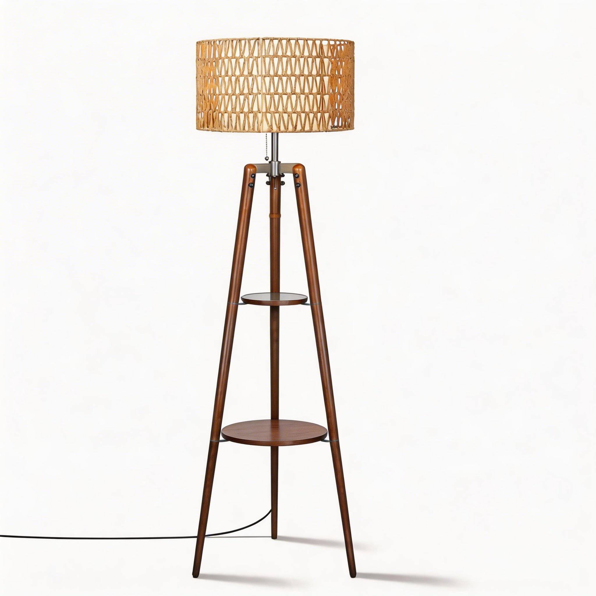 Alt View 2. Malletson - Modern Tripod Floor Lamp with Rattan Shade & Dual Shelves.