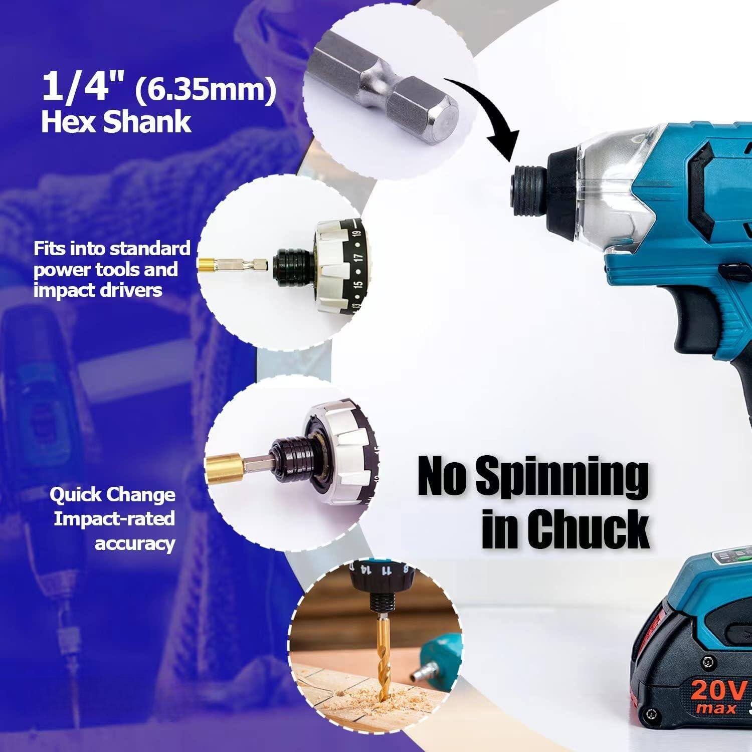 1/4" (6.35mm) Hex Shank

- Fits into standard power tools and impact drivers
- Quick Change Impact-rated accuracy
- No Spinning in Chuck
- 20V max