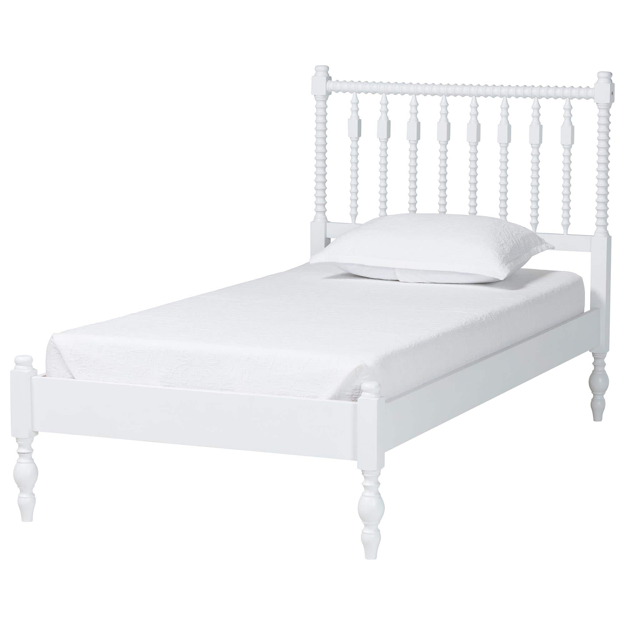 Baxton Studio - Callison Spindle Platform Bed - Turned Farmhouse Bed Frame with Spoked Headboard and Sculpted Legs, Twin - White