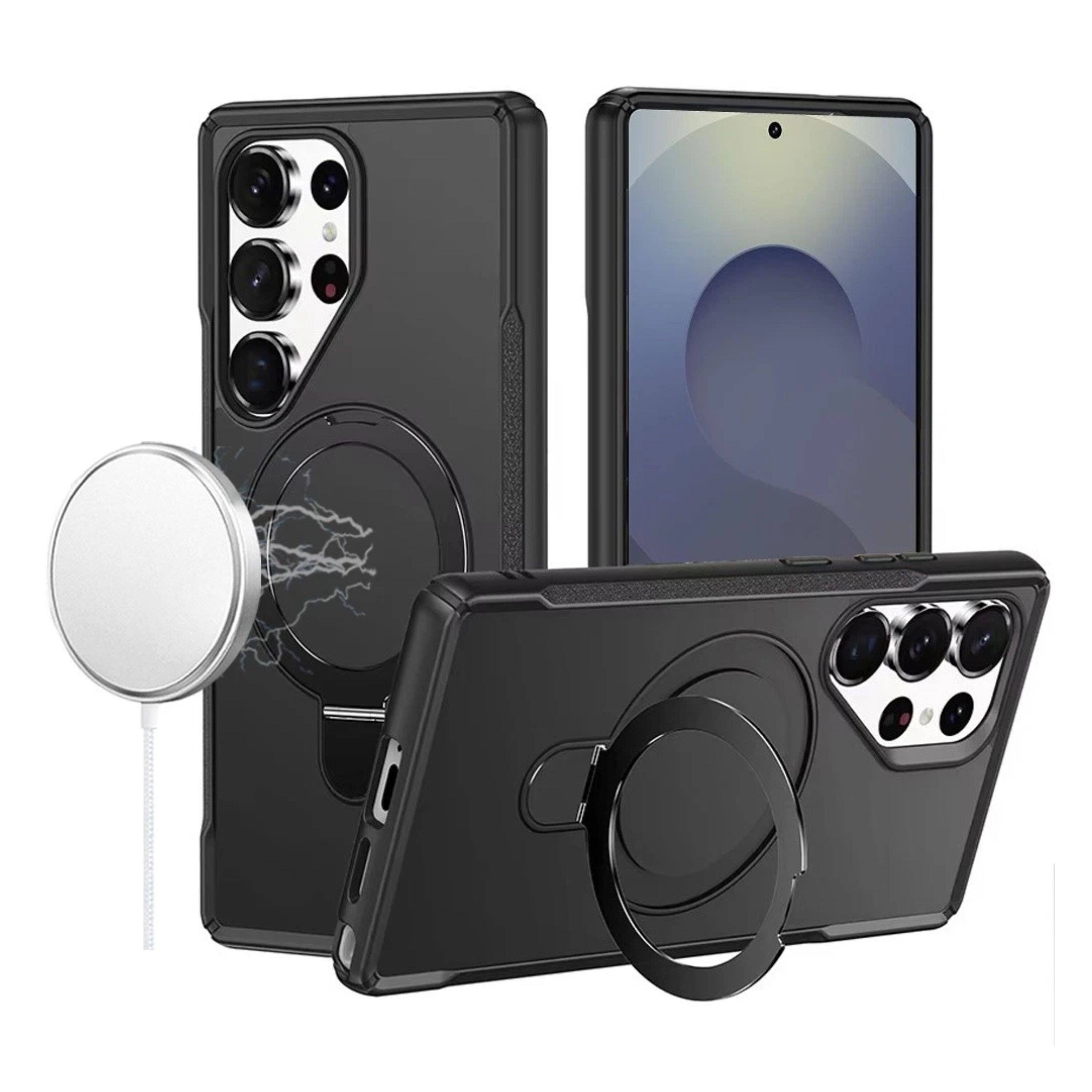 Front. Kitcheniva - Shockproof Magnetic Circle Stand Matte Phone Case With Tempered Glass For Samsung Galaxy S26 Ultra Black - Black.