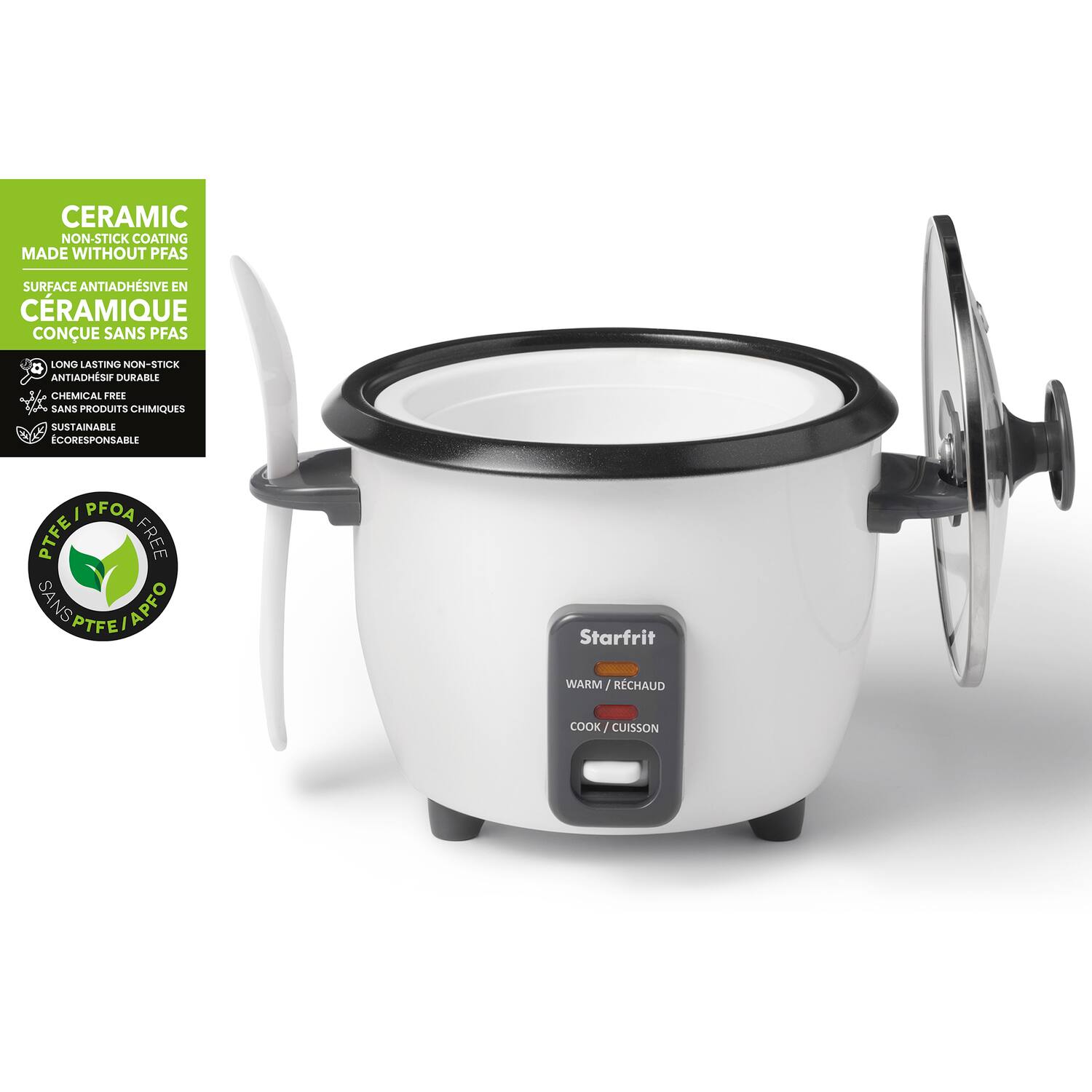 CERAMIC NON-STICK COATING MADE WITHOUT PFAS  
SURFACE ANTIADHESIVE EN CÉRAMIQUE CONÇUE SANS PFAS  

LONG LASTING NON-STICK ANTIADHESIVE DURABLE  
LONGUE DURÉE NON ADHÉSIVE  

CHEMICAL FREE SANS PRODUITS CHIMIQUES  
SANS PRODUITS CHIMIQUES  

ECO-FRIENDLY / SUSTAINABLE ÉCORESPONSABLE  
ÉCORESPONSABLE  

PFOA / PTFE FREE  
SANS PFOA / SANS PTFE  

Starfrit  
WARM / RECHAUD  
COOK / CUISSON