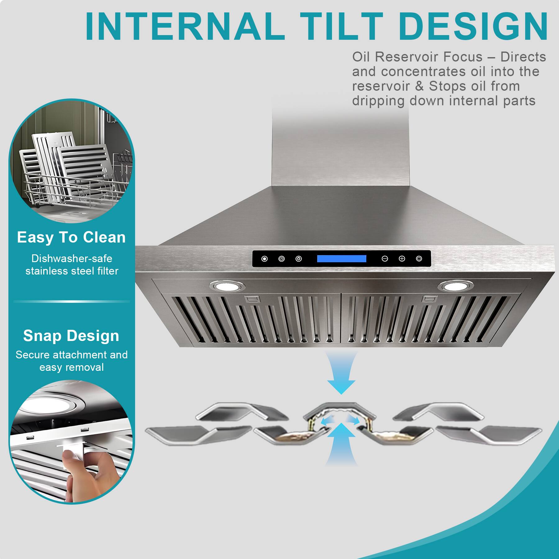 INTERNAL TILT DESIGN

Oil Reservoir Focus – Directs and concentrates oil into the reservoir & Stops oil from dripping down internal parts

Easy To Clean
Dishwasher-safe stainless steel filter

Snap Design
Secure attachment and easy removal