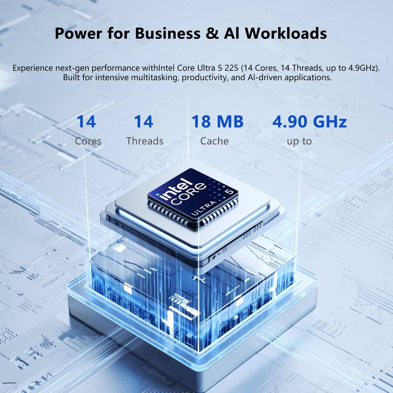 Power for Business & AI Workloads

Experience next-gen performance with Intel Core Ultra 5 225 (14 Cores, 14 Threads, up to 4.9GHz). Built for intensive multitasking, productivity, and AI-driven applications.

14 Cores  
14 Threads  
18 MB Cache  
4.90 GHz up to