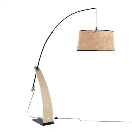 Front. Loheer - Loheer Mid Century Modern Floor Lamp Natural Wood Black Metal Rattan Shade - Natural.