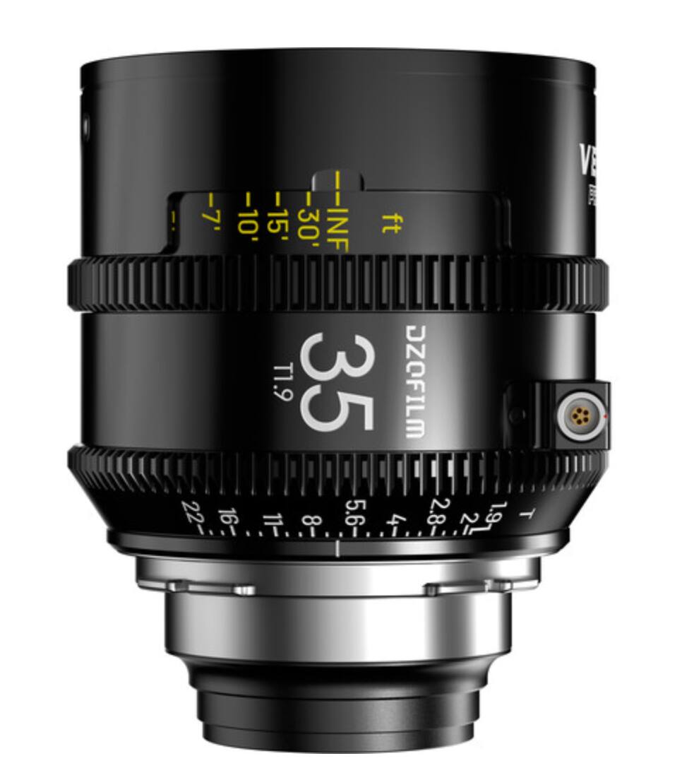 Sure, here is the corrected and grouped text from the image:

- **Lens Information:**
  - 35mm
  - DZOFILM
  - T1.9

- **Focus Distance:**
  - -7'
  - -10'
  - -15'
  - -30'
  - -INF ft

- **Aperture Settings:**
  - 22
  - 16
  - 11
  - 8
  - 5.6
  - 4
  - 2.8
  - 2

- **Additional Information:**
  - V
  - T1.9