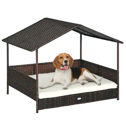 Front. Pawhut - Outdoor Wicker Dog House with Canopy, Rattan Bed, Soft Cushion Removable Cover, Medium/Large Dogs - Cream White.