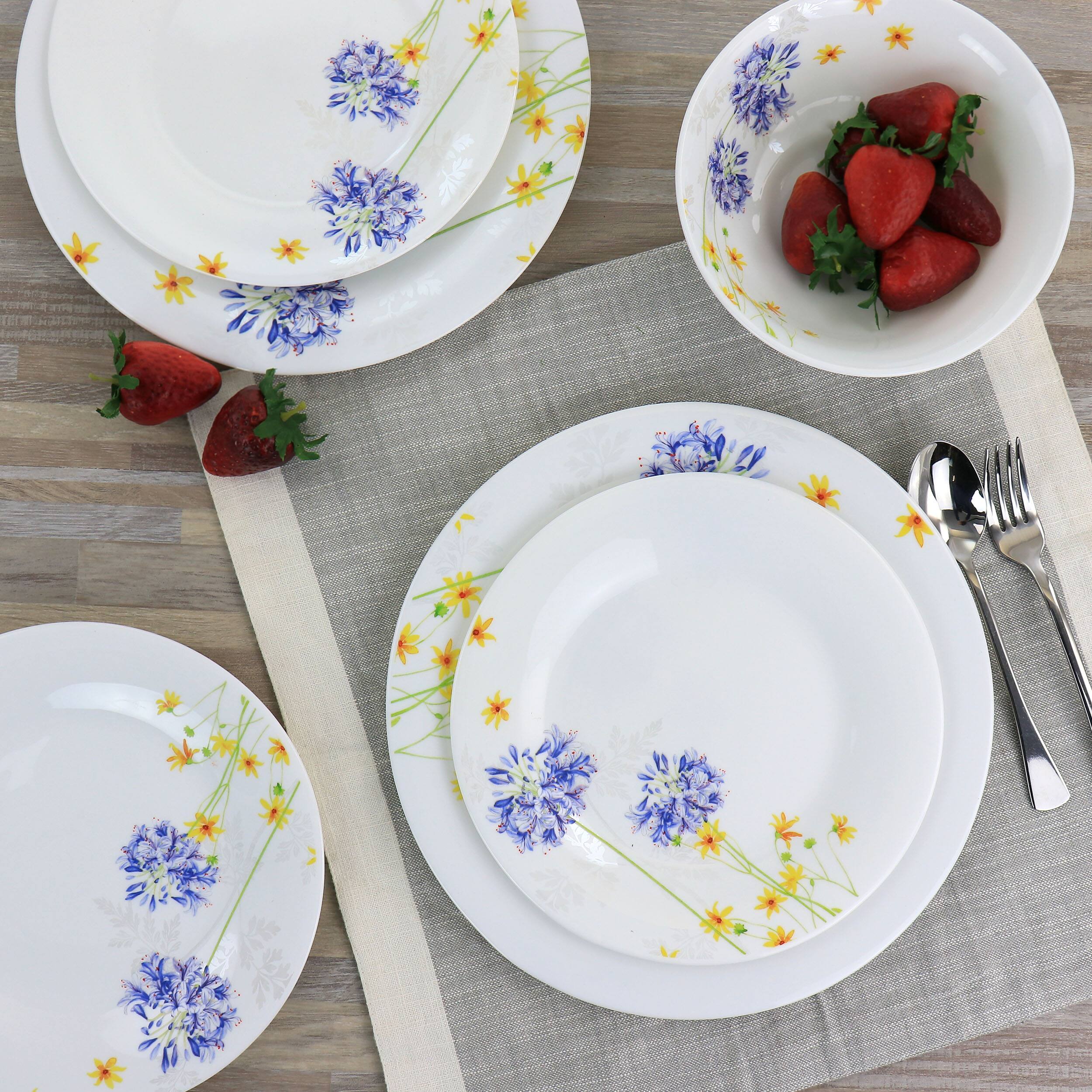Alt View 7. Gibson - Gibson Ultra Violet Floral 12 Piece Tempered Opal Glass Dinnerware Set - White.