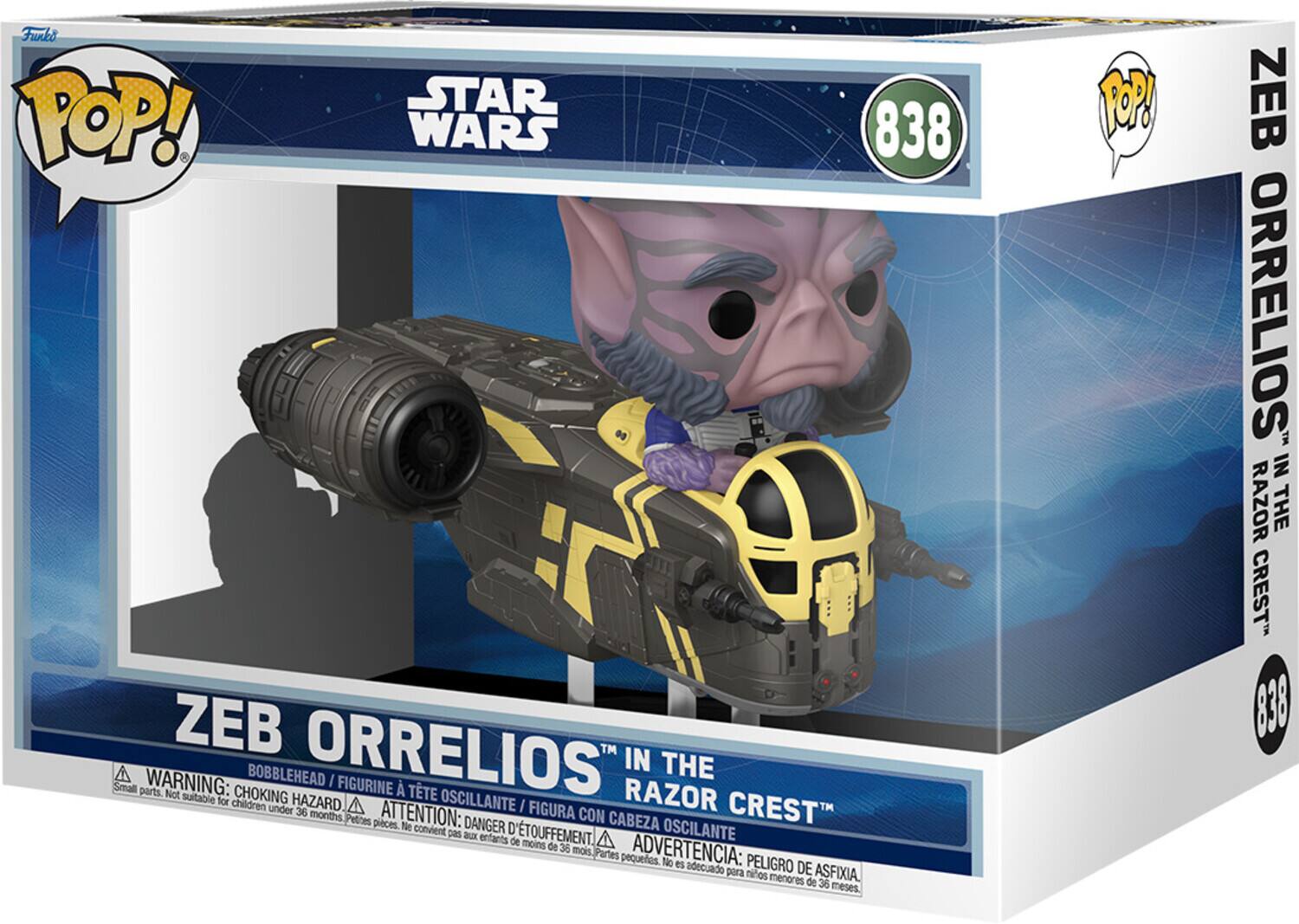 Funko POP!  
STAR WARS  
838  
ZEB ORRELIOS™ IN THE RAZOR CREST™  

WARNING: CHOKING HAZARD  
Small parts. Not suitable for children under 36 months.  
ATTENTION: DANGER D’ÉTOUFFEMENT  
Petites pièces. Ne convient pas aux enfants de moins de 36 mois.  
ADVERTENCIA: PELIGRO DE ASFIXIA  
Partes pequeños. No es adecuado para niños menores de 36 meses.  

BOBBLEHEAD / FIGURINE À TÊTE OSCILLANTE / FIGURA CON CABEZA OSCILANTE