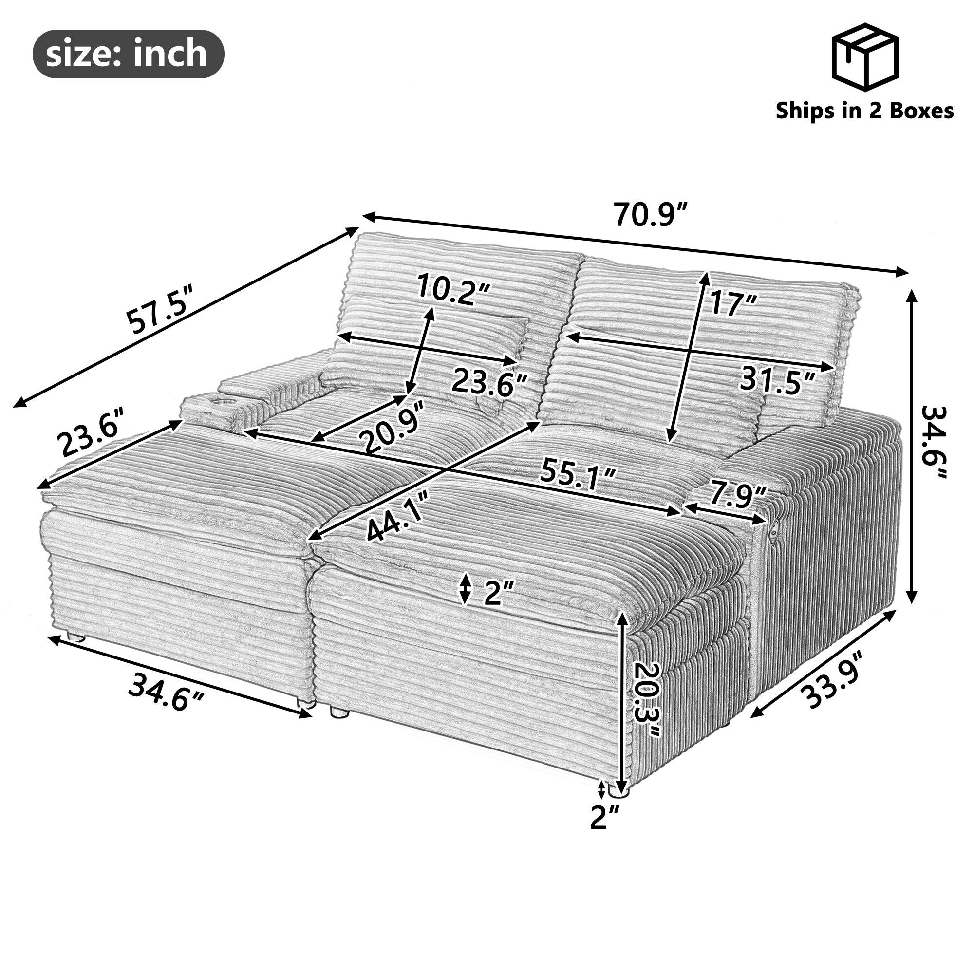 size: inch  
Ships in 2 Boxes  

70.9"  
57.5"  
23.6"  
34.6"  
10.2"  
23.6"  
20.9"  
55.1"  
44.1"  
2"  
20.3"  
2"  
17"  
31.5"  
7.9"  
33.9"  
34.6"