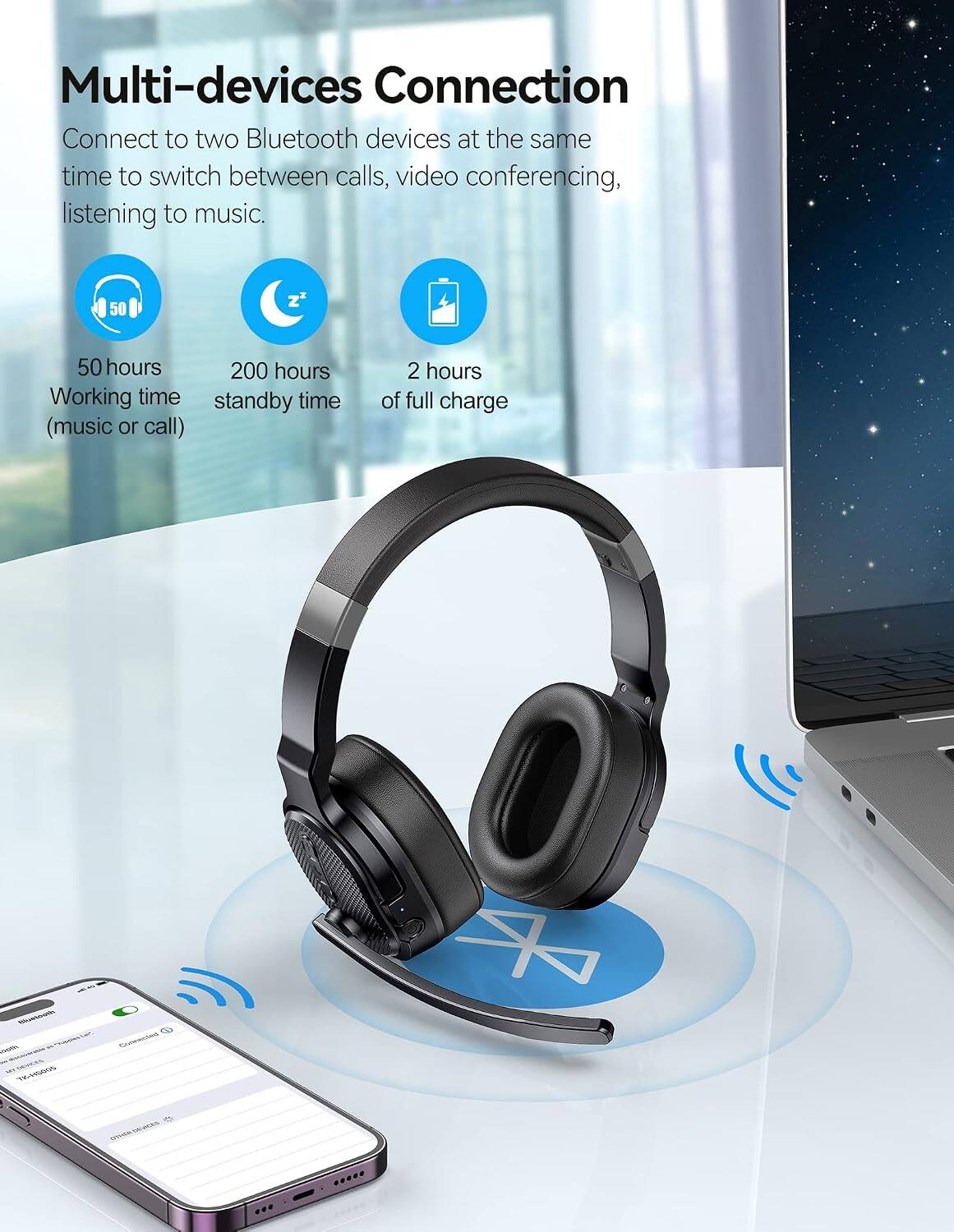 Multi-devices Connection  
Connect to two Bluetooth devices at the same time to switch between calls, video conferencing, listening to music.  

50 hours  
200 hours standby time (music or call)  
2 hours of full charge  

Whowbooth medda ... SUBSH-AL  
Connected  
onvally