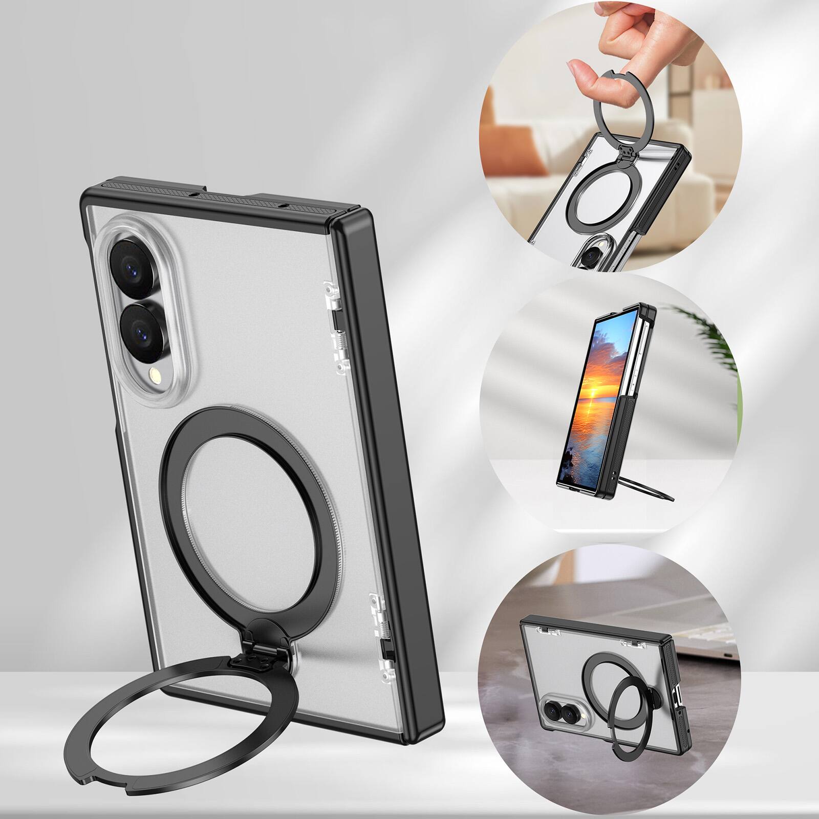 Left. Dteck - Shockproof Frosted Phone Case for Samsung Galaxy Z Fold8 with Ring Stand, Rugged Slim Magnetic Rigid Plastic Hinge Cover - Matteblack.