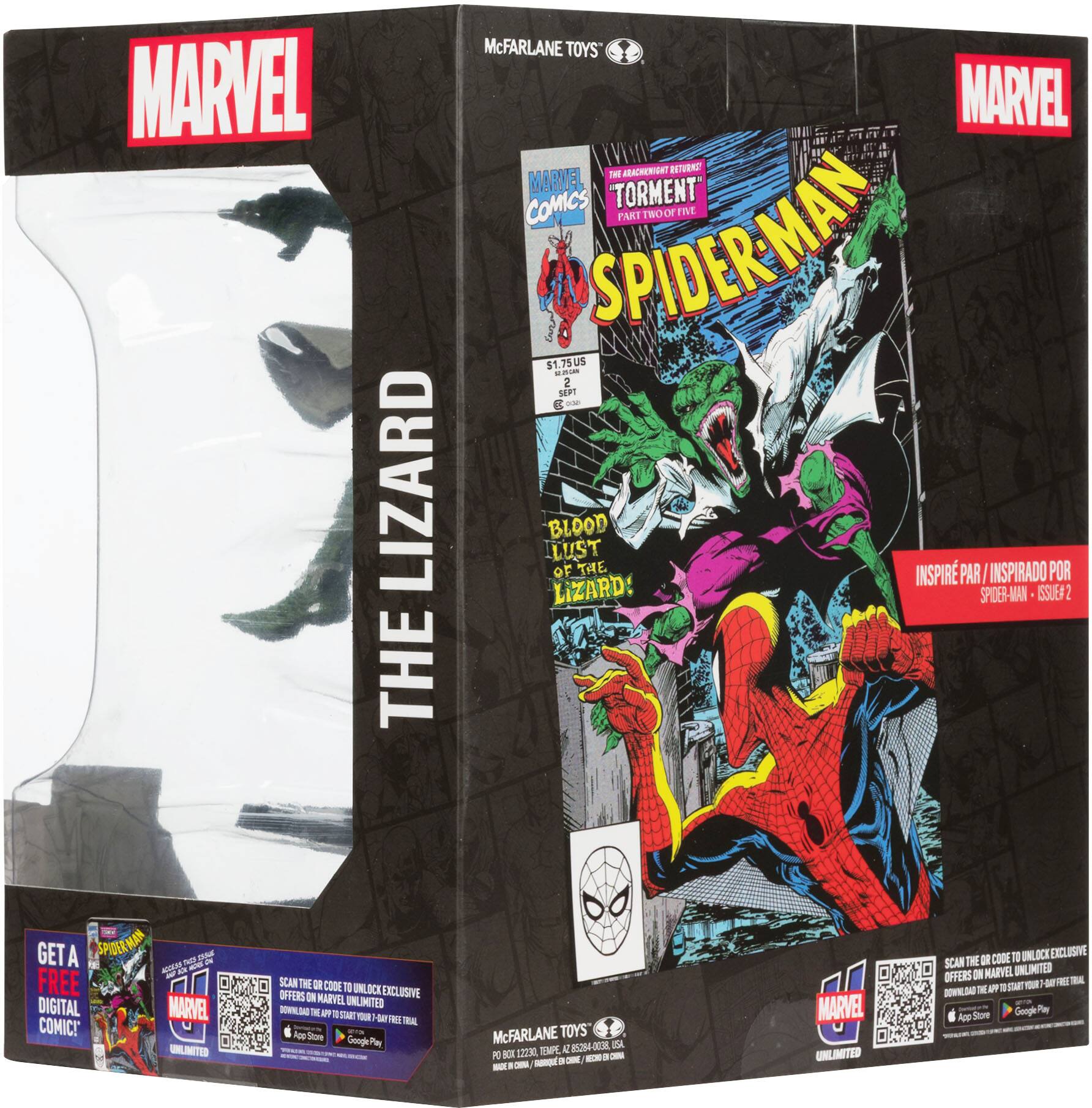 MARVEL  
THE LIZARD  

McFARLANE TOYS  

MARVEL COMICS  
SPIDER-MAN  
"TORRENT"  
PART FIVE OF "TORMENT"  
$1.75 US  
2 SEP!  

BLOOD LUST OF THE LIZARD!  
INSPIRADO POR SPIDER-MAN - ISSUE 2  

GET A FREE DIGITAL COMIC!  
SCAN THE CODE TO UNLOCK EXCLUSIVE OFFERS ON MARVEL UNLIMITED  

McFARLANE TOYS  
1-800-123-0000  
WWW.MCFARLANETOYS.COM  

MARVEL UNLIMITED  
App Store  
Google Play