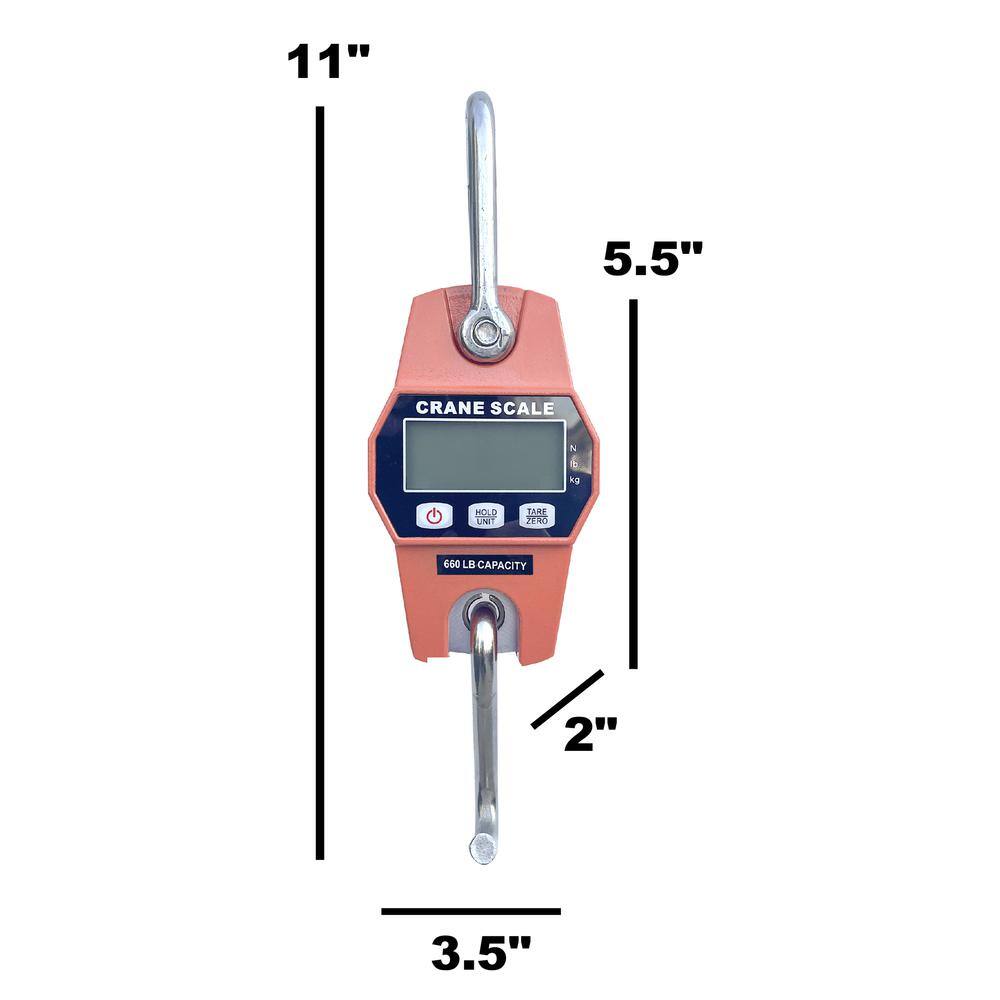 11" 5.5" CRANE SCALE & b g HOLD UN TARE JIR 650 LB CAPACITY 2" 3.5"