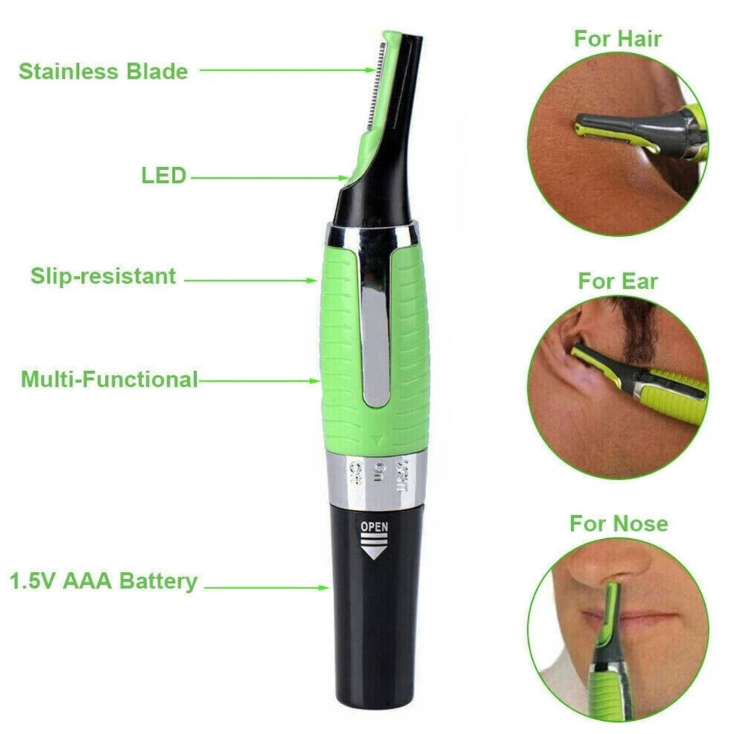 - Stainless Blade
- LED
- Slip-resistant
- Multi-Functional
- 1.5V AAA Battery
- For Hair
- For Ear
- For Nose