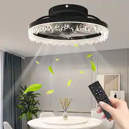 Loheer - 16 Inch Flush Mount Ceiling Fan With Light, Black Crystal Chandelier, Five Hidden Blades, Remote Control