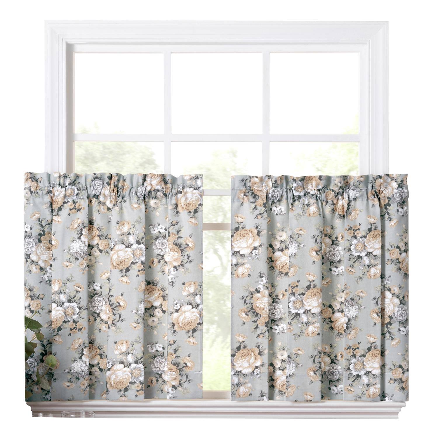 Front. Ellis Curtain - Ellis Bella Rose Stylish Medium Scale Printed Floral Pattern 1.5" Rod Pocket Tier for Windows 56"x36" Mist - Mist.