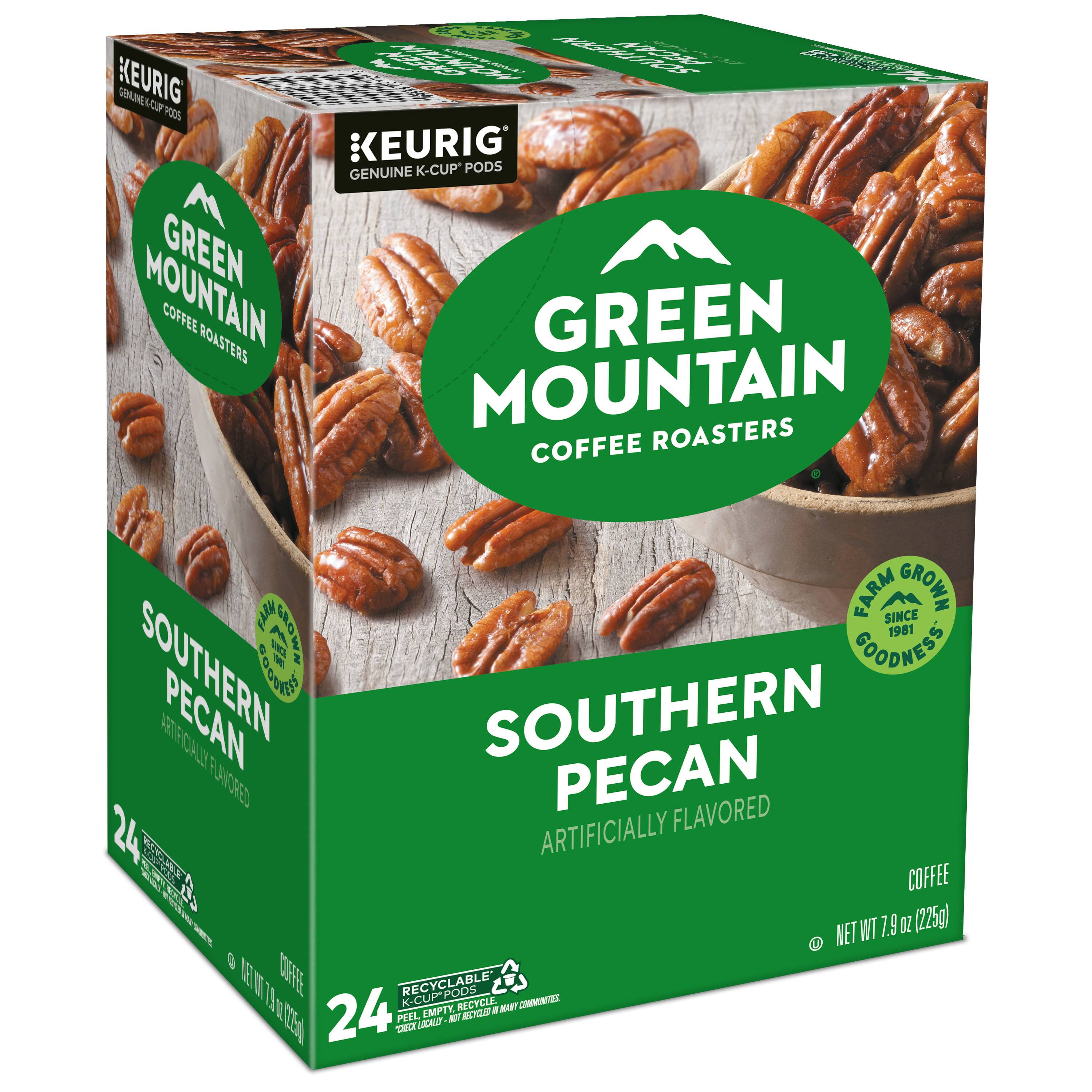 Sure, here is the corrected and grouped text from the image:

---

**KEURIG**  
GENUINE K-CUP PODS

**GREEN MOUNTAIN**  
COFFEE ROASTERS

**SOUTHERN PECAN**  
ARTIFICIALLY FLAVORED

**24**  
K-CUP PODS

**NET WT 7.9 OZ (225g)**

**FARM GROWN GOODNESS**  
SINCE 1981

**RECYCLABLE**  
PEEL EMPTY, RECYCLE

**CHECK LABEL**  
RECYCLED IN MAIN COMMUNITY

---

This text is organized to reflect the information on the packaging as accurately as possible.