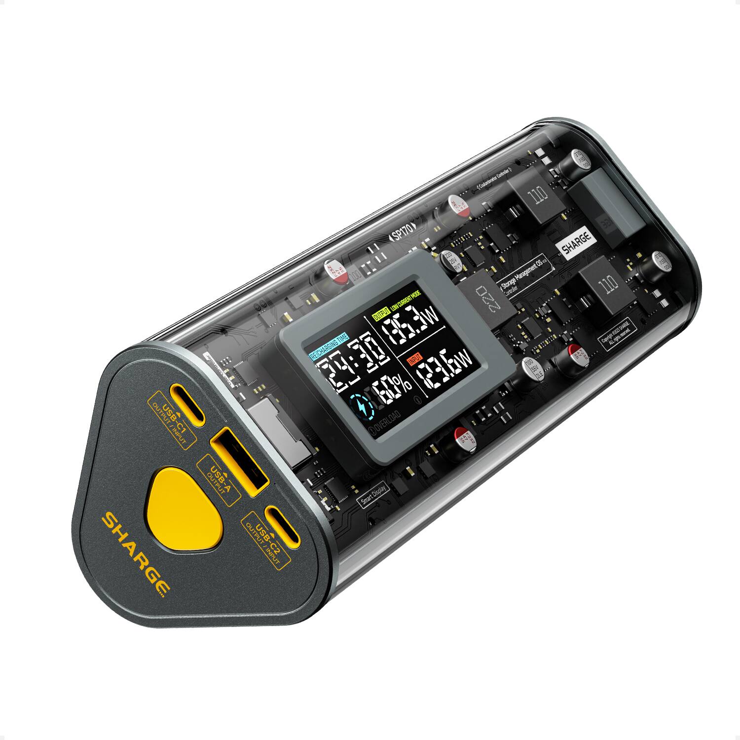 The text on the image reads: "Sharge m 21 Maagenent Strg 110 - 220 - DR 135.3w - 10% N GECARENTI D 12 29:30 0060% 123.6w i OURC USR- @OVERLDAD I JHPUT 1 JBA Dnlay Sear QUTPUT/NPUT OUTPUT SHARGE HPUT C2."