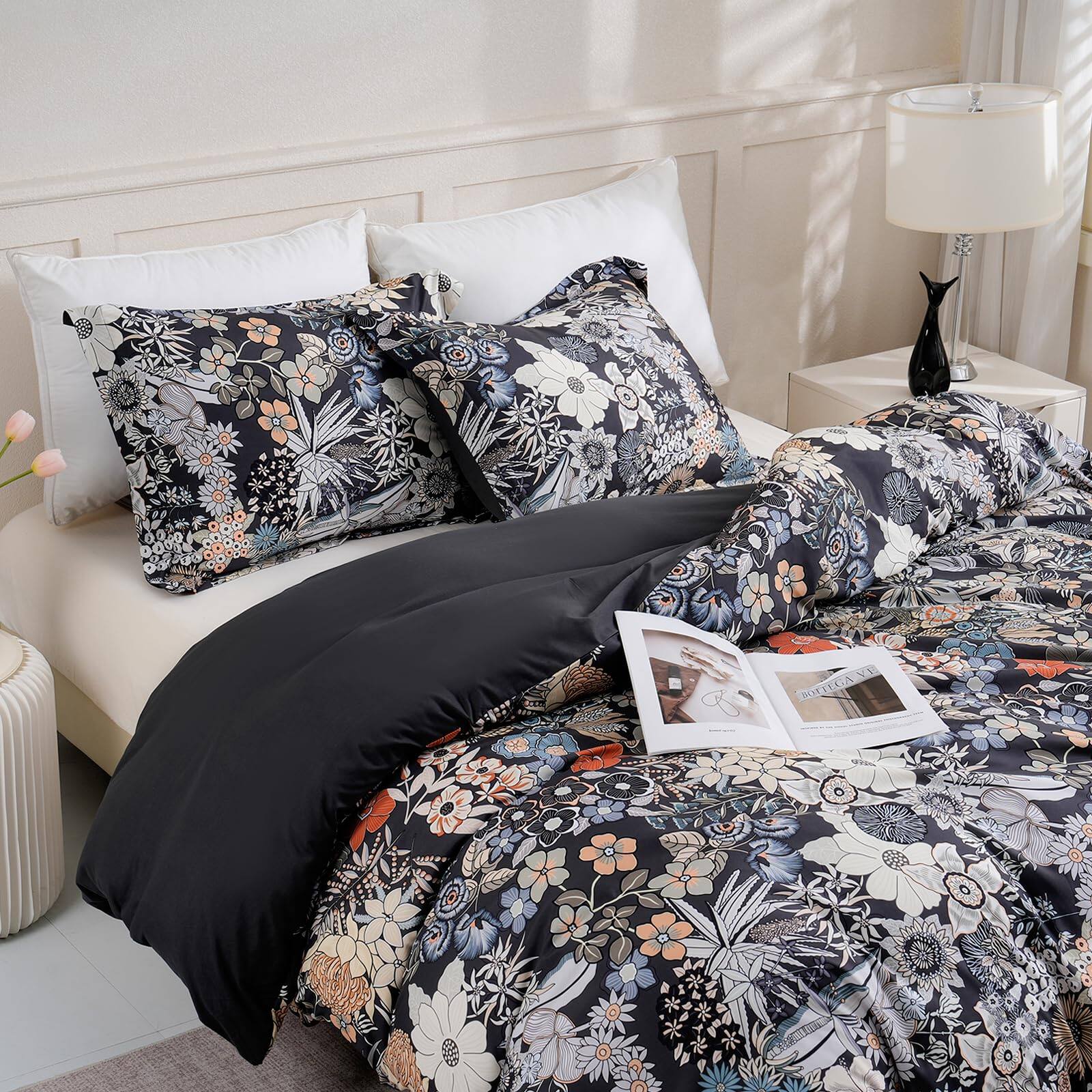 Alt View 5. Stylel Star - King Flower 3 Duvet Cover Set Breathable Soft Microfiber Black Lining Comforter With Zipper Closure And 2... - Lavender-King (104"x90").