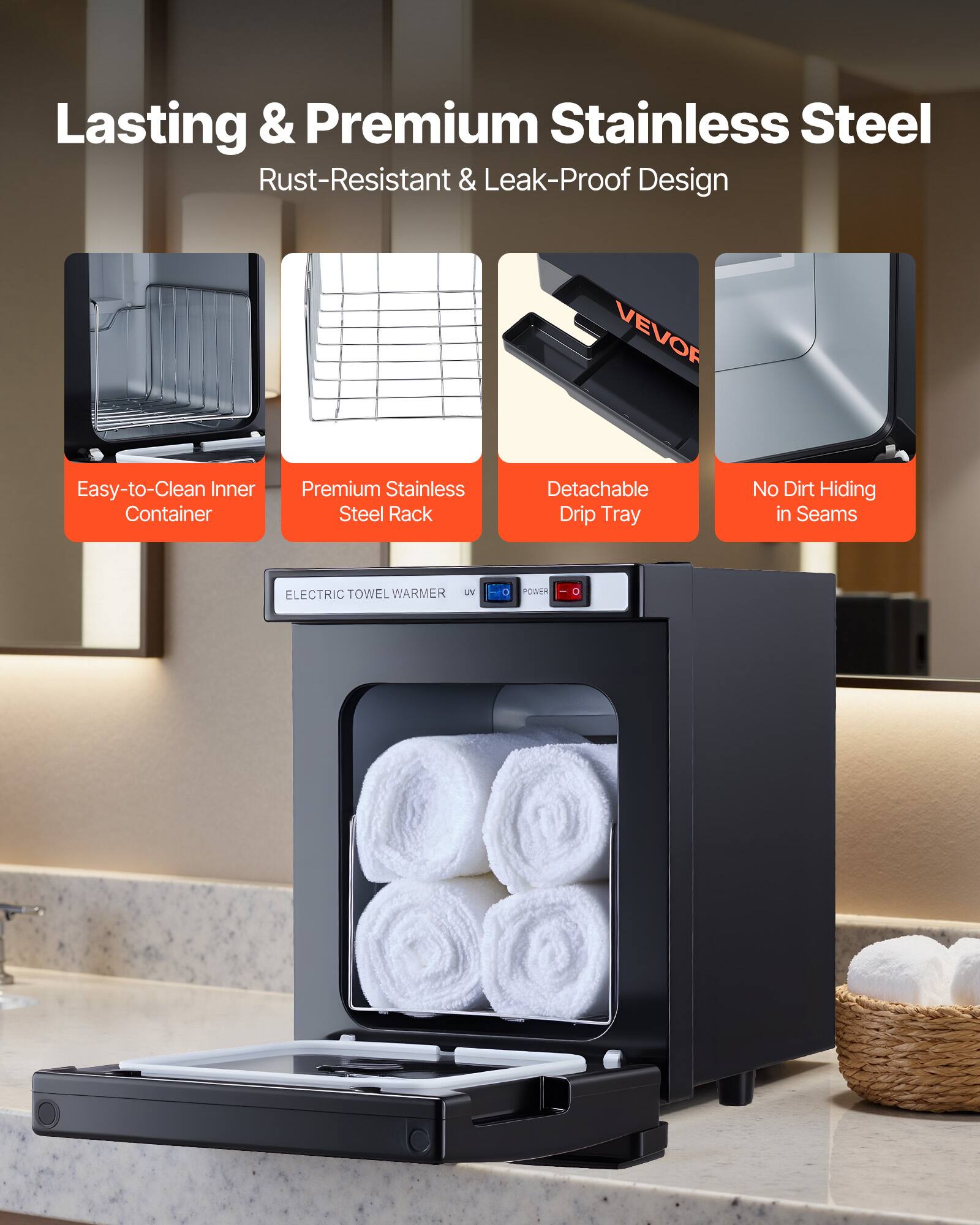 Lasting & Premium Stainless Steel  
Rust-Resistant & Leak-Proof Design  

- Easy-to-Clean Inner Container  
- Premium Stainless Steel Rack  
- Detachable Drip Tray  
- No Dirt Hiding in Seams  

ELECTRIC TOWEL WARMER  
UV POWER