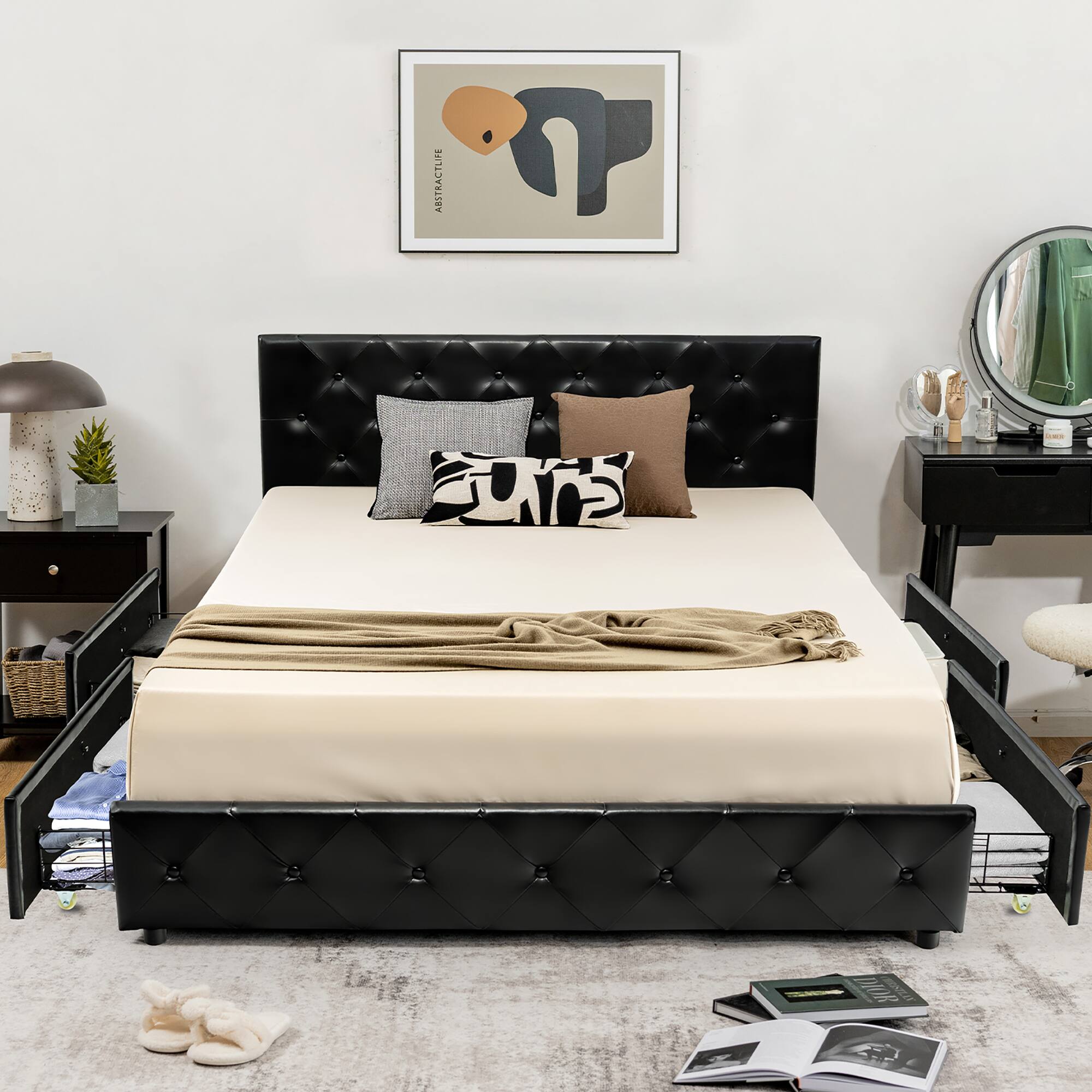 Alt View 1. Costway - Costway Full Upholstered Platform Bed w/ 4 Drawers PU Leather Button Tufted Headboard - Black.