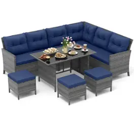 Costway - 7 PCS Patio Dining Furniture Set PE Rattan Sectional Sofa Set with Soft Cushions - Mix Gray,Navy