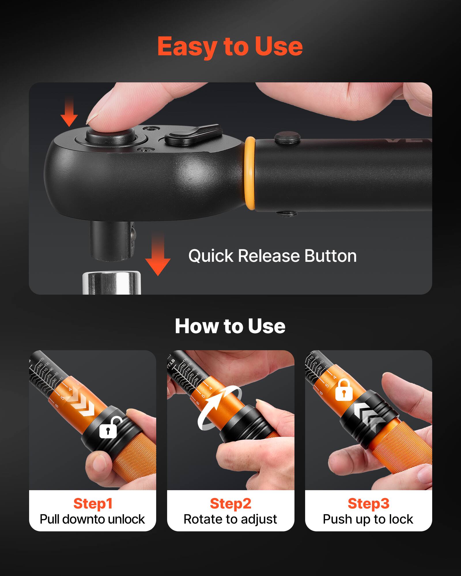 Easy to Use Quick Release Button

How to Use

Step 1: Pull down to unlock
Step 2: Rotate to adjust
Step 3: Push up to lock