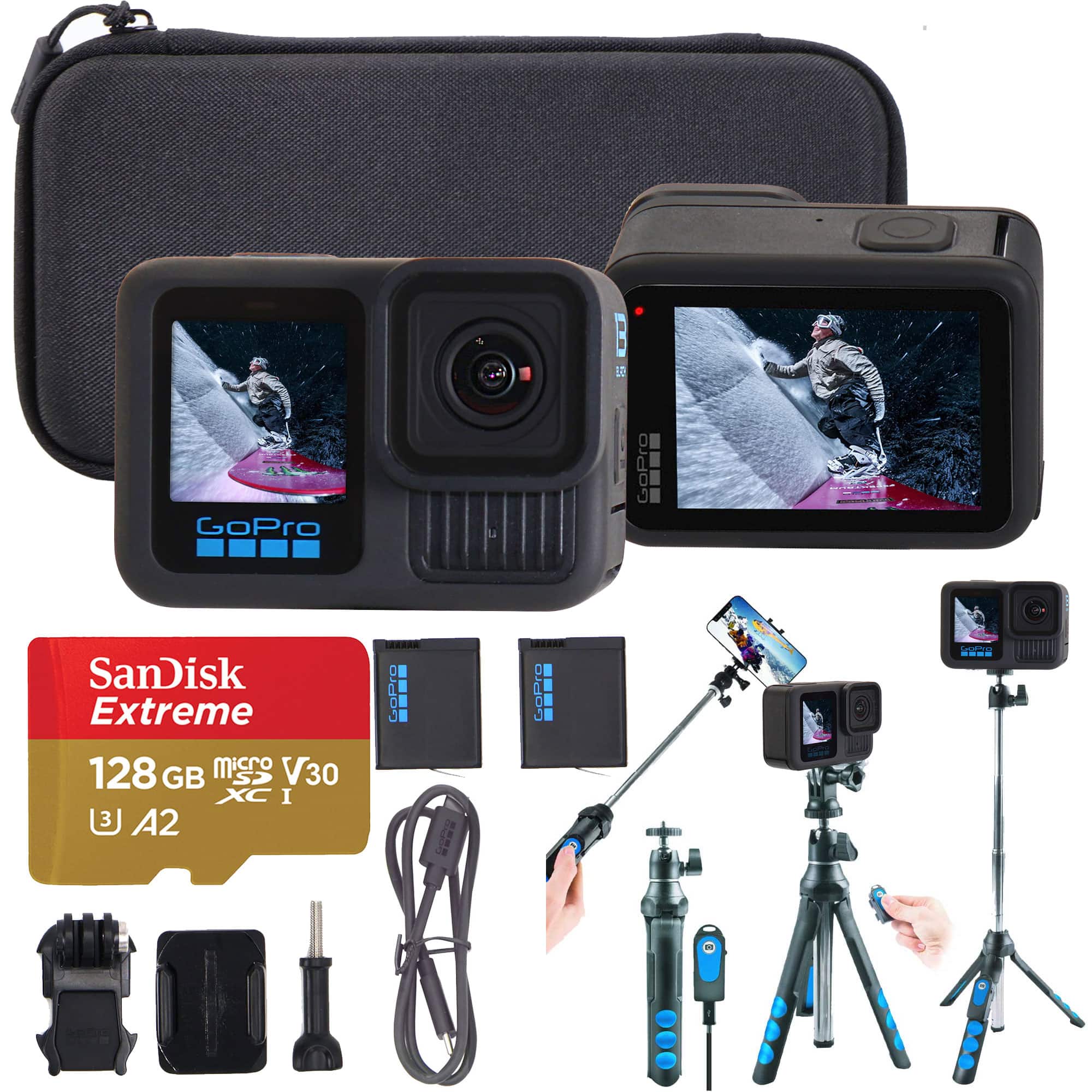 GoPro - HERO13 Action Camera Bundle w/ Battery, Card, Case and Selfie Tripod Stick - Black