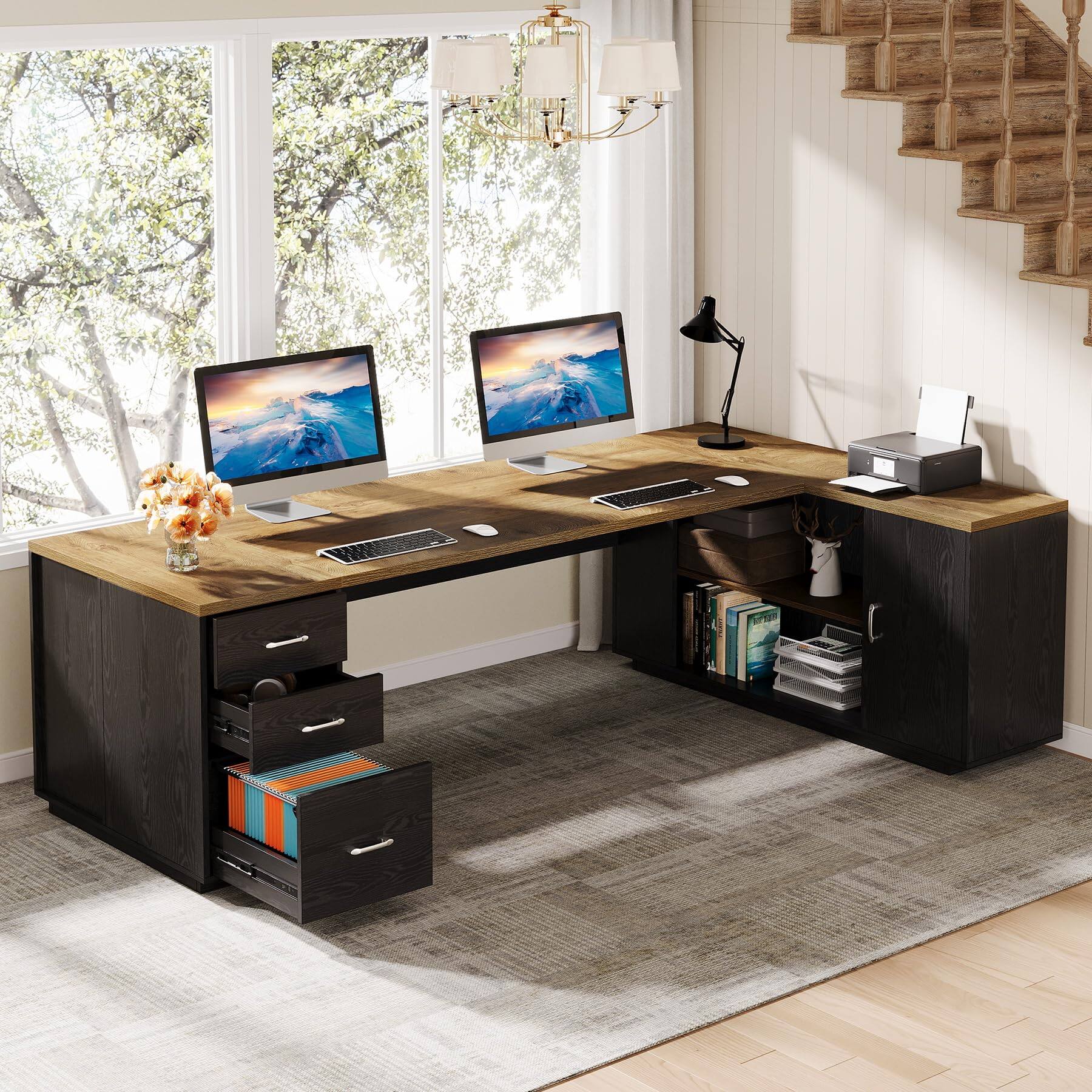 Alt View 2. Tribesigns - 85.8-Inch L-Shaped Executive Desk, Extra Large Home Office Desk - Light Brown & Black.