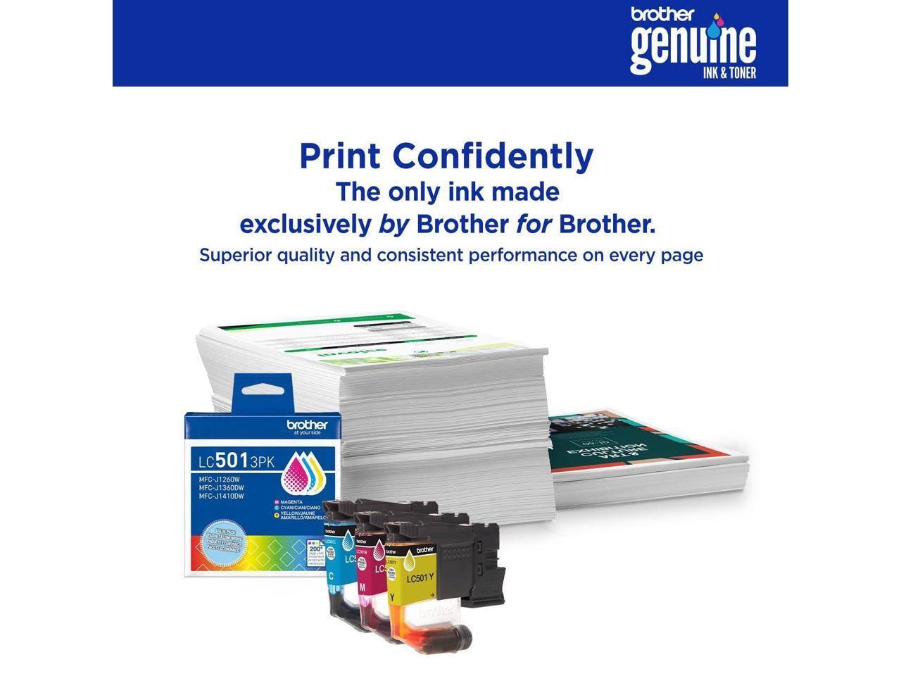 brother genuine INK & TONER  
Print Confidently  
The only ink made exclusively by Brother for Brother.  
Superior quality and consistent performance on every page  

brother LC501 3PK  
MFC-J1260W  
MFC-J1360DW  
MFC-J1410DW  
MAGENTA  
YELLOW  
BLACK  
Cyan