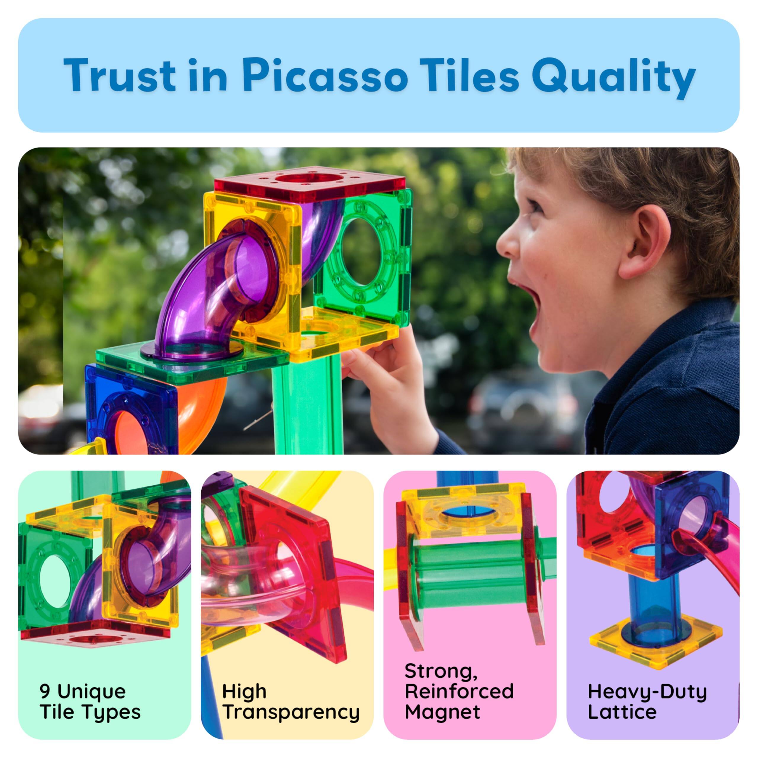 Trust in Picasso Tiles Quality

- 9 Unique Tile Types
- High Transparency
- Strong, Reinforced Magnet
- Heavy-Duty Lattice