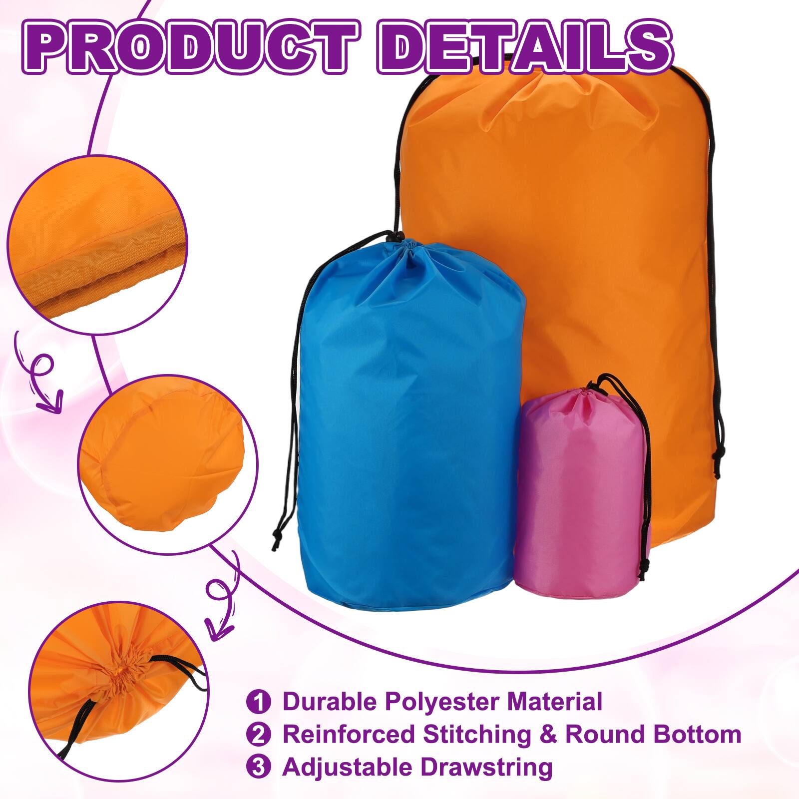 PRODUCT DETAILS

1. Durable Polyester Material
2. Reinforced Stitching & Round Bottom
3. Adjustable Drawstring