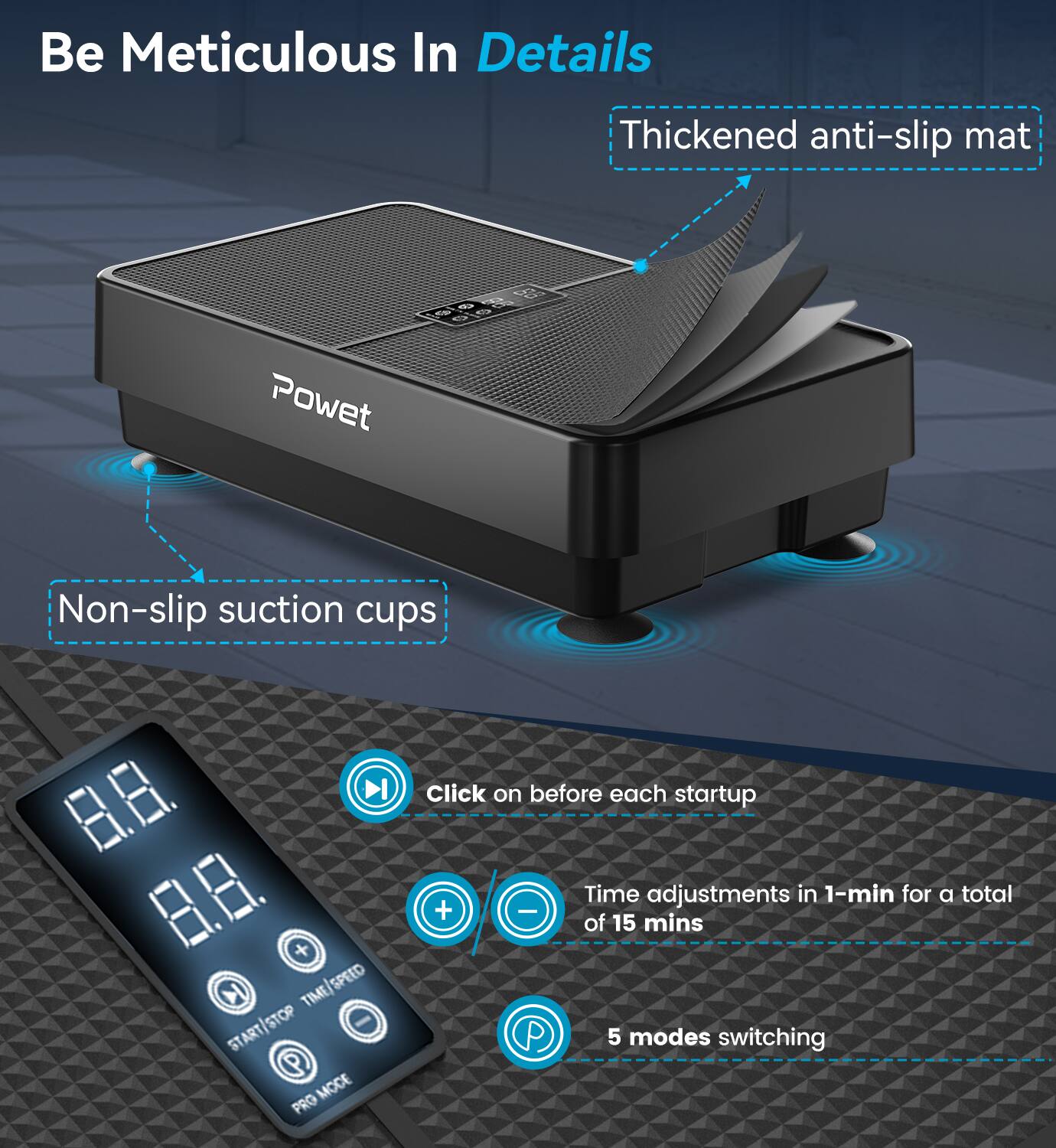 Be Meticulous In Details

- Thickened anti-slip mat
- Non-slip suction cups
- Click on before each startup
- Time adjustments in 1-min for a total of 15 mins
- 5 modes switching
