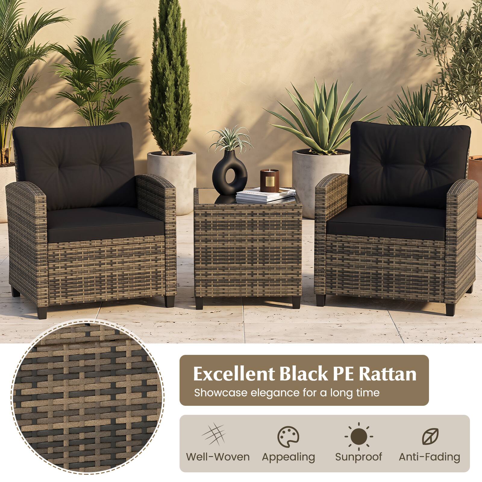 Excellent Black PE Rattan Showcase elegance for a long time

Well-Woven Appealing Sunproof Anti-Fading