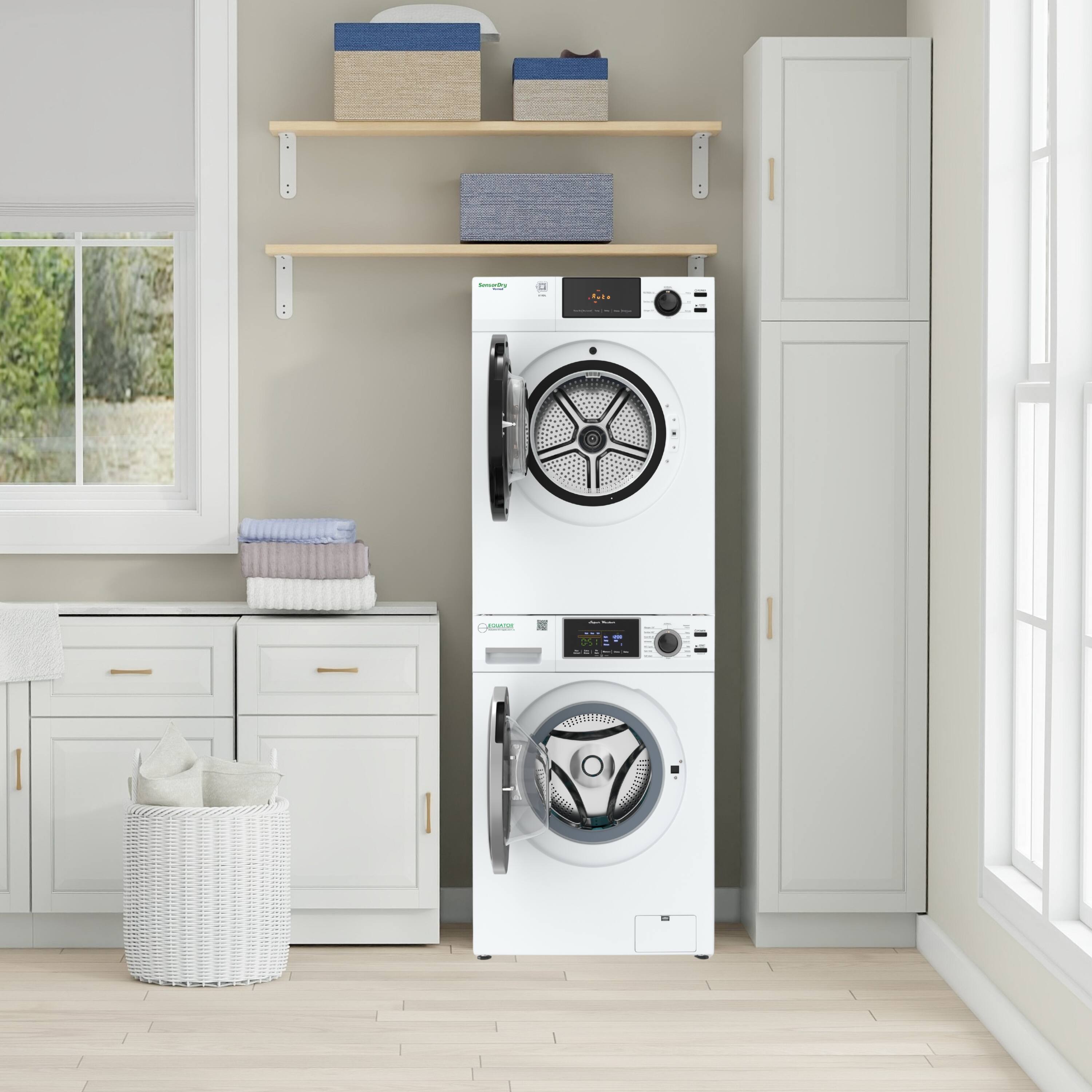 Back. Equator - Equator 110V STACKABLE EW 835 18lbs Washer 1.9cf + ED 870 DL Electric Dryer 4cf Vented Sensor Stacked/ Matching - White.