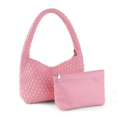 Front. Fabibe - Woven Handbag For Woman Vegan Leather Shoulder Bag And Purse Small Fashion Shopper Totes Ladies Underarm Bags - Pink.